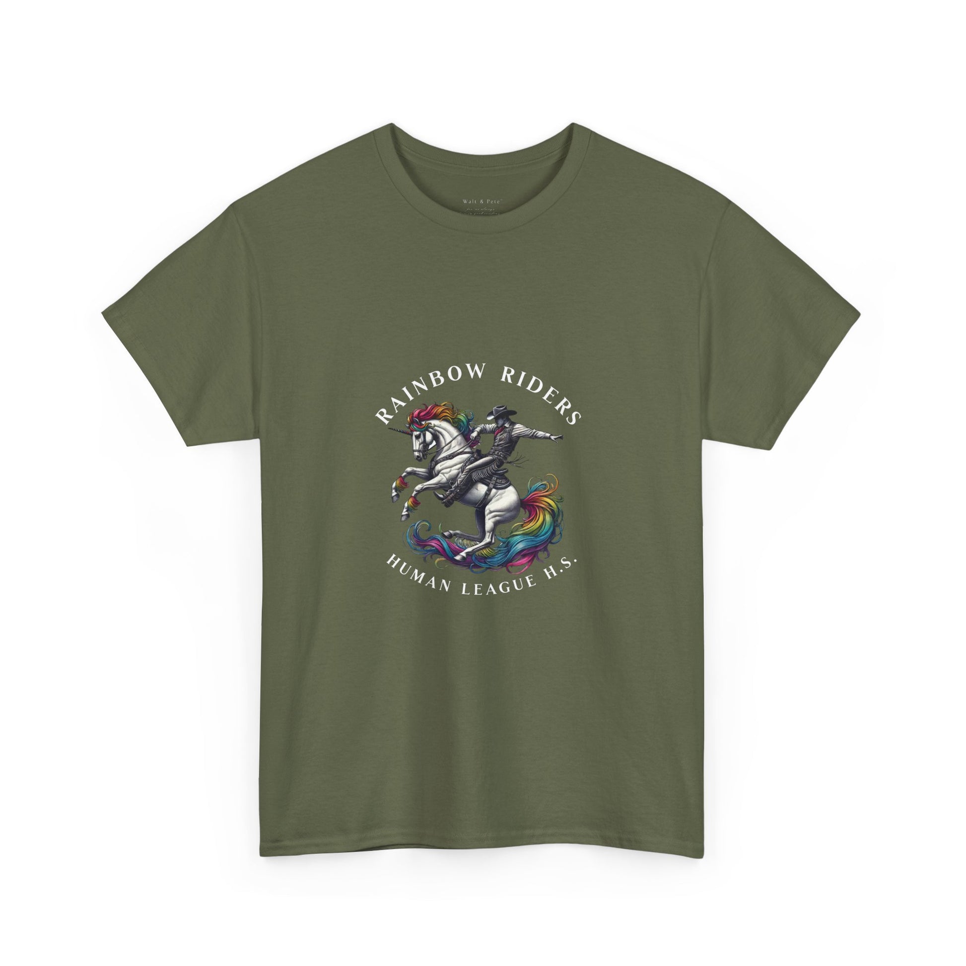 Human League High School Rainbow Riders Pride T-Shirt featuring a vibrant mascot of a unicorn with a rainbow mane and tail, symbolizing diversity, inclusion, and equality