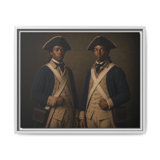 Historically inspired oil portrait depicting two Black Revolutionary War soldiers in Continental Army uniforms with authentic military equipment.
