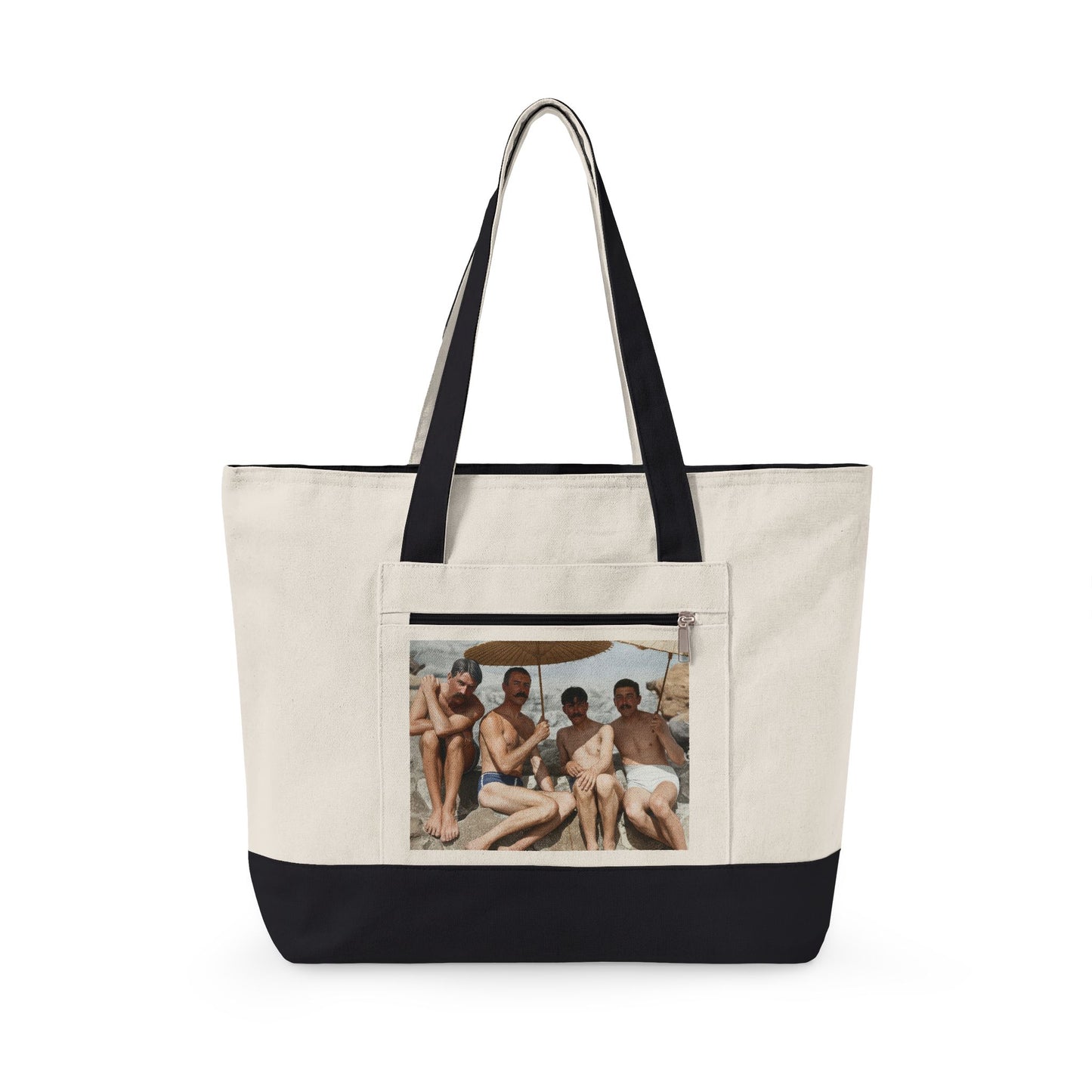 Four men on rocky beach vintage zippered canvas tote 