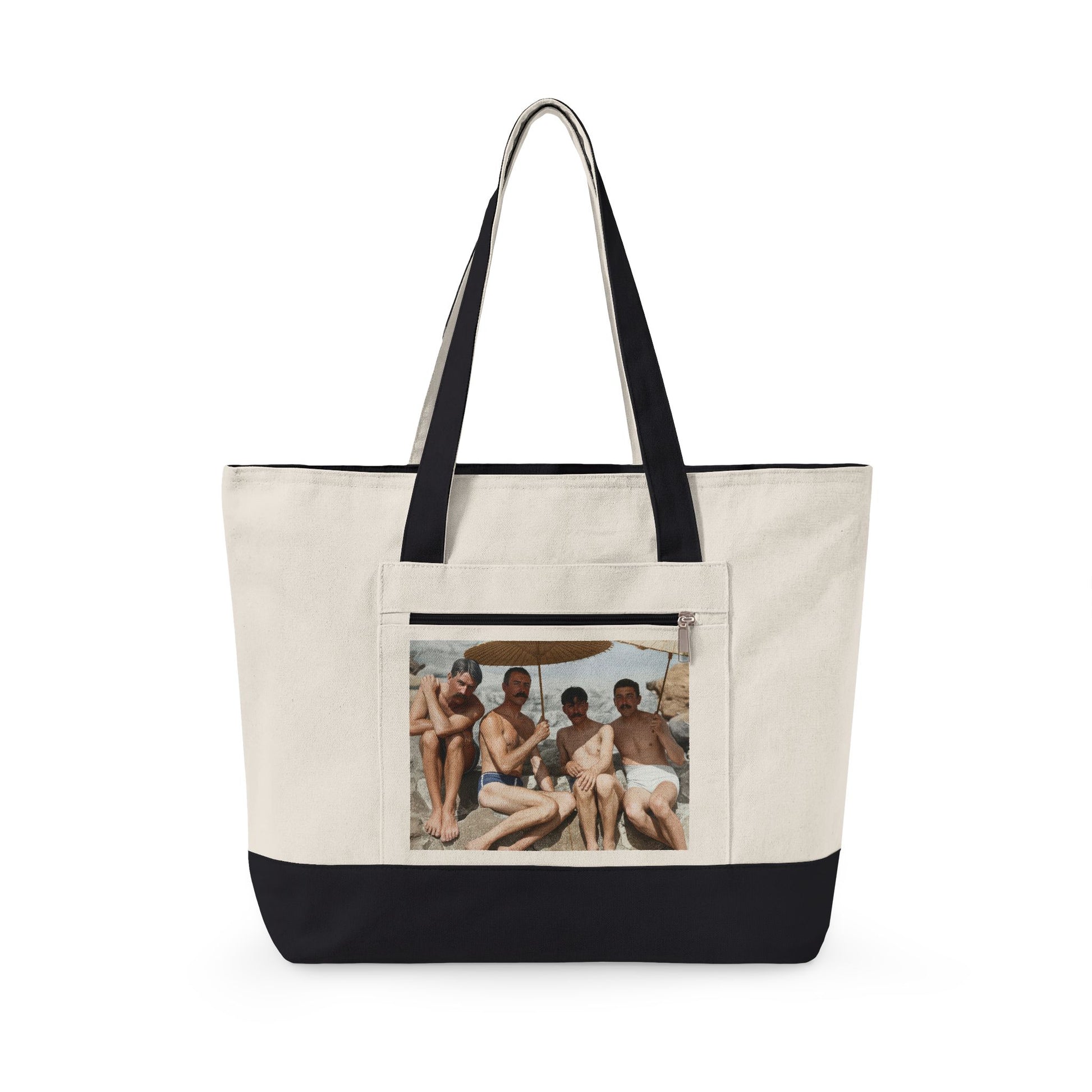Four men on rocky beach vintage zippered canvas tote 