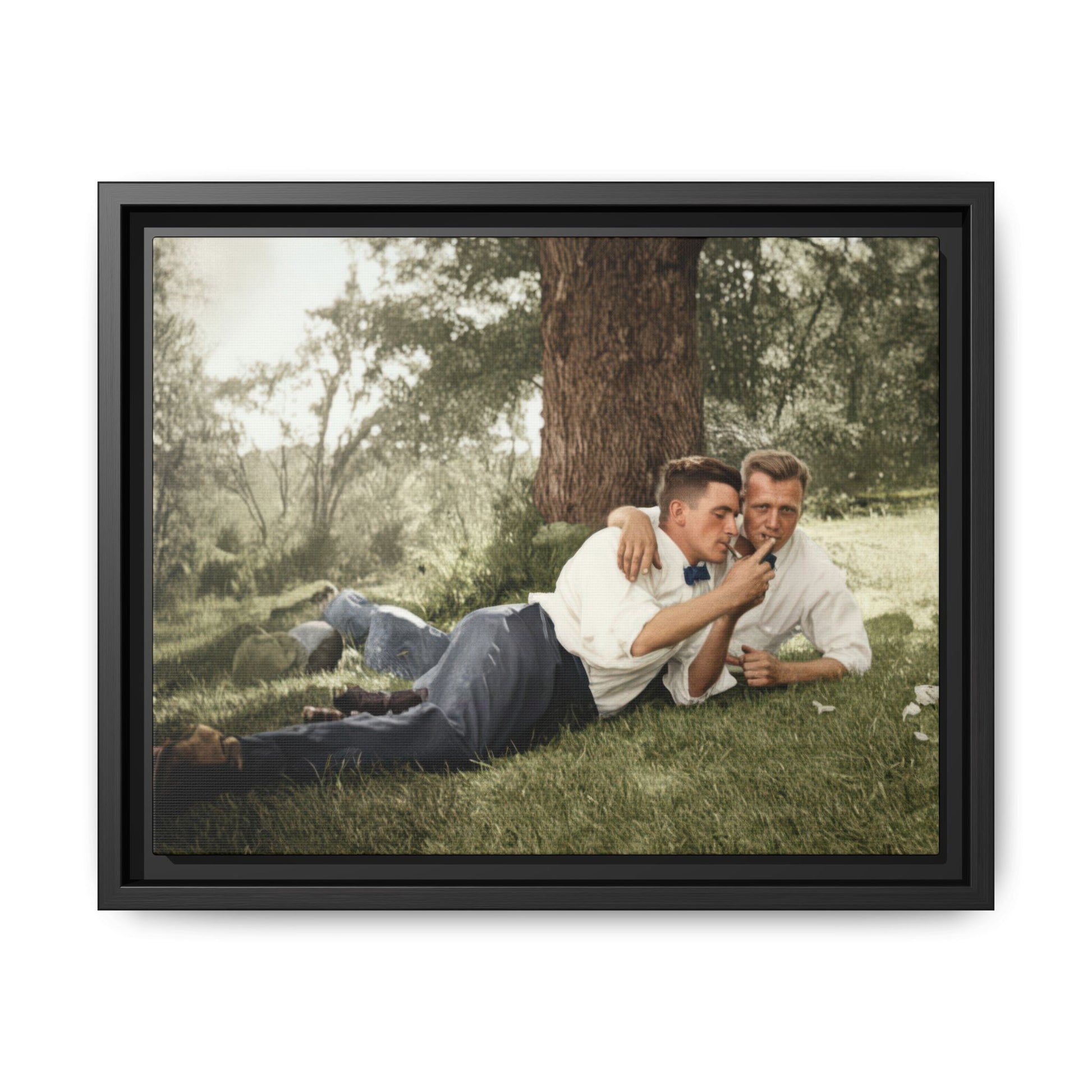 vintage photo two men reclining outdoors under tree
