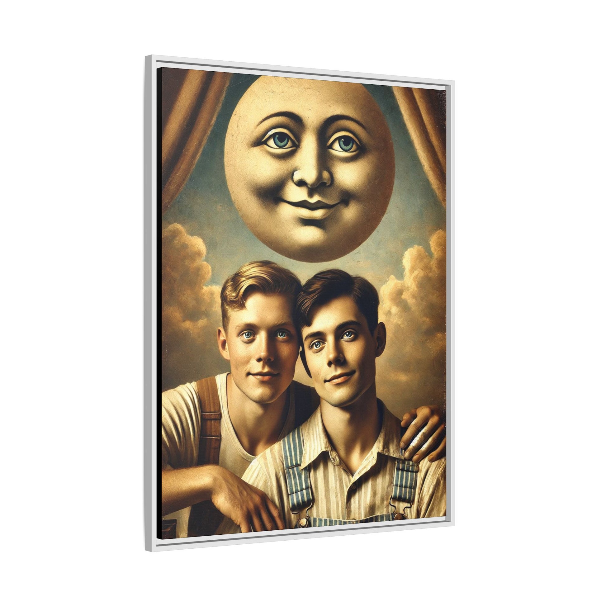 Framed matte canvas portrait featuring two young men in vintage overalls with a crescent moon prop above them. This artwork from the Missing Art Studies series reclaims LGBTQ+ imagery that may have been lost to bias, presenting warmth, intimacy, and presence.