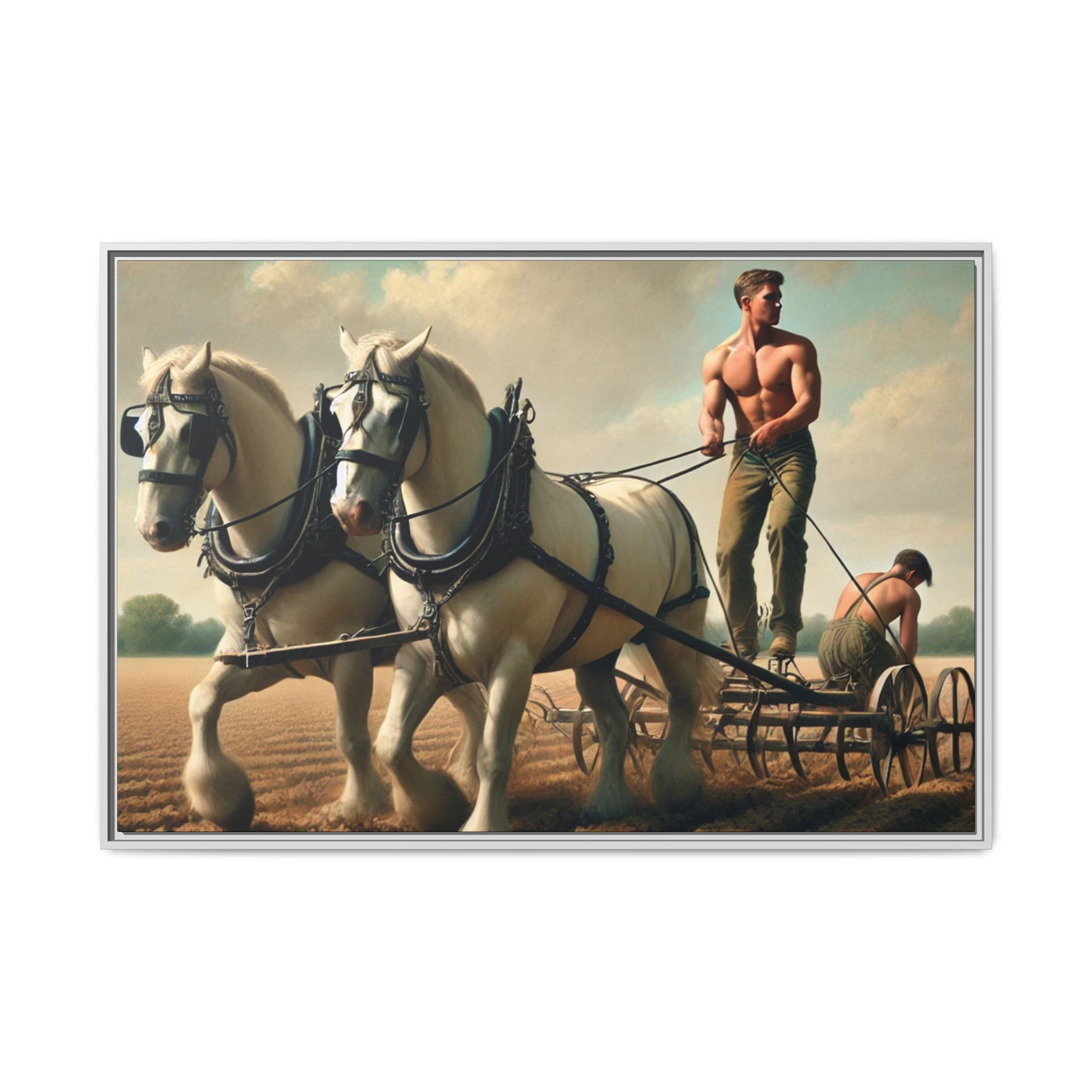 Vintage-style artwork of a shirtless man plowing a field with white horses, celebrating rural life and resilience.