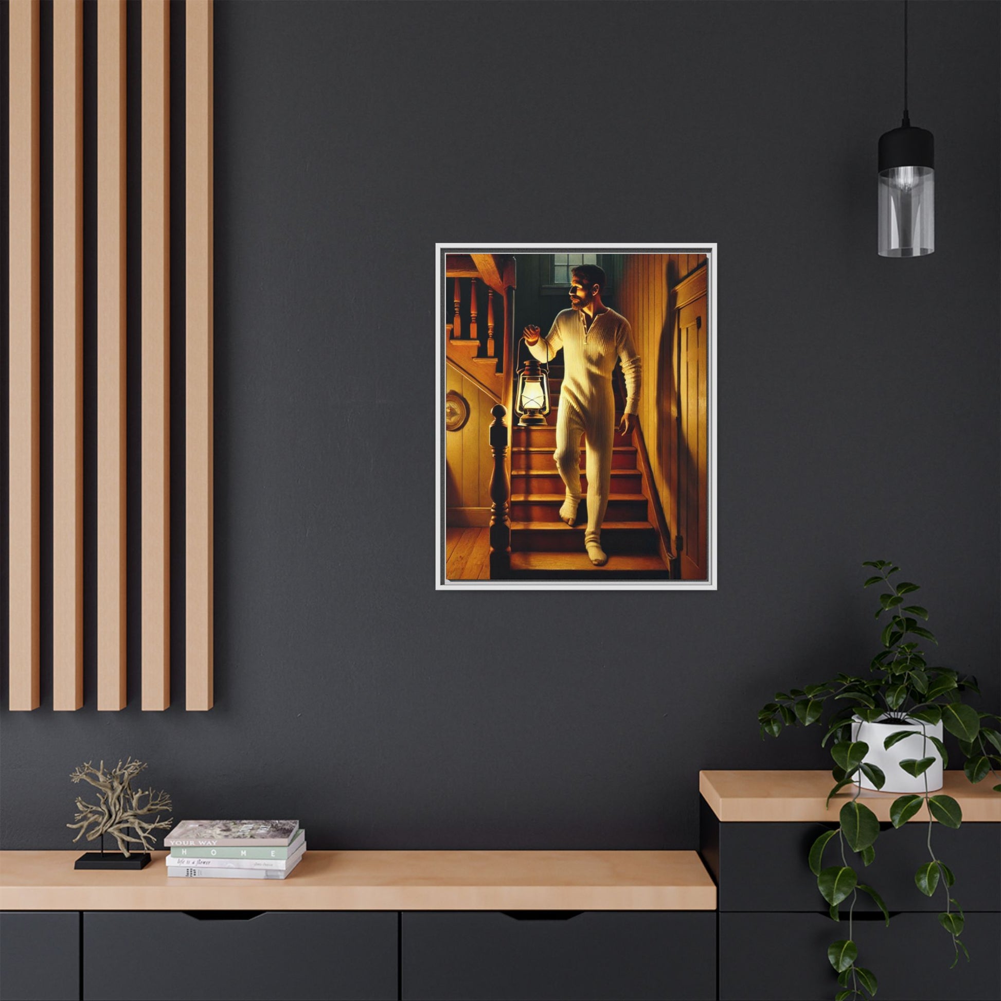 Atmospheric artwork of a man descending wooden stairs with a lantern, inspired by Grant Wood’s rural themes.