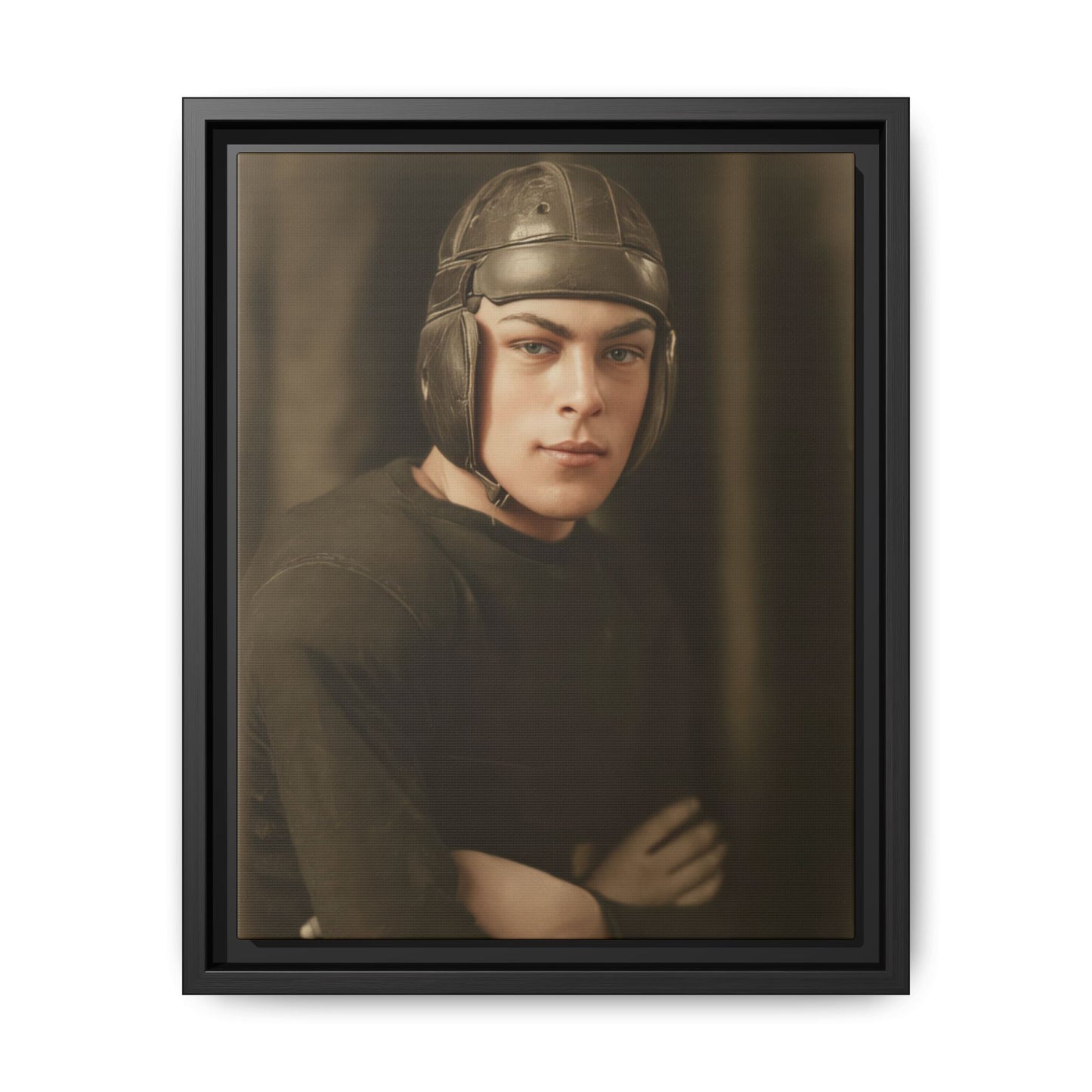 1.	Vintage football player portrait wearing leather helmet framed canvas wall art 