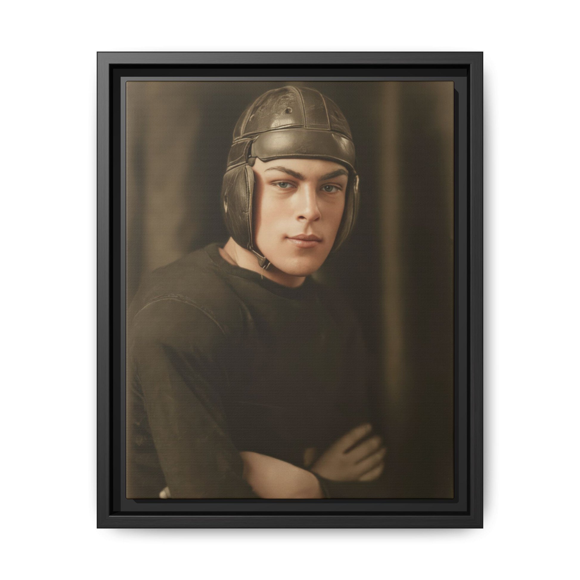 1.	Vintage football player portrait wearing leather helmet framed canvas wall art 