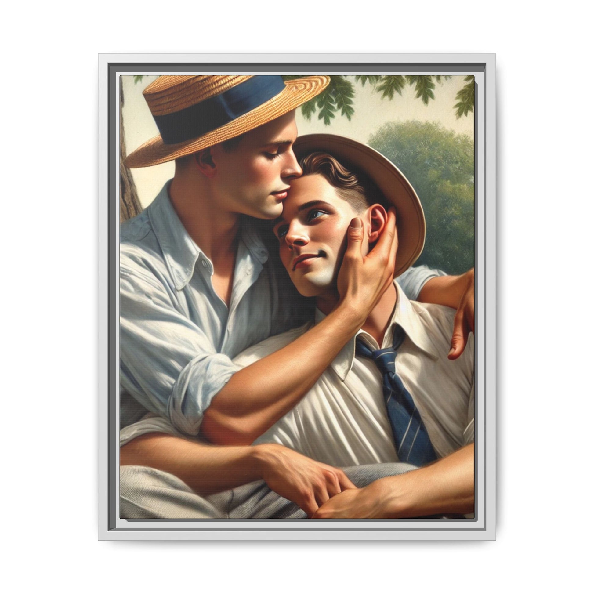 Vintage-style artwork of a gay couple in a sunlit meadow, sharing an affectionate moment in the 1930s