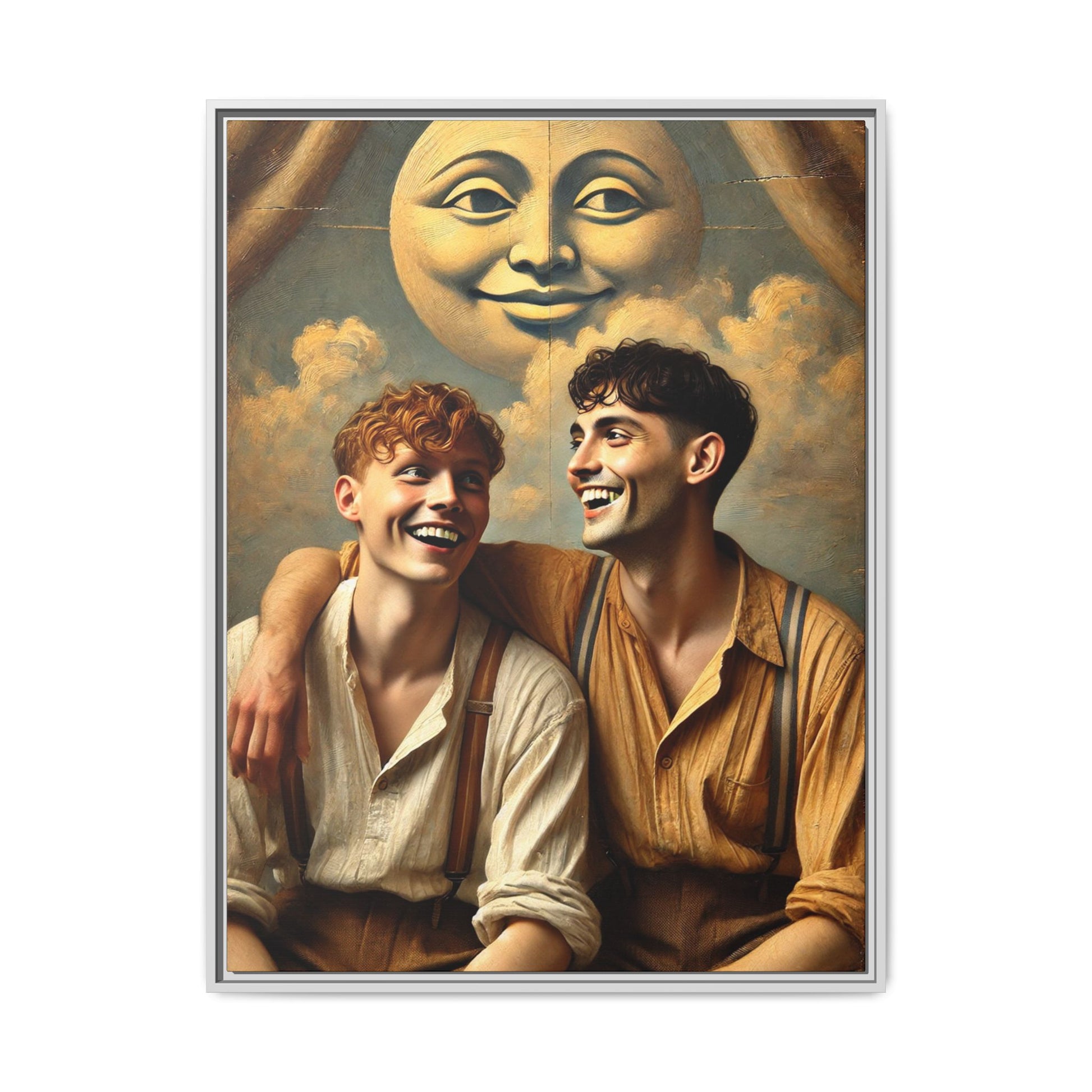 Queer artwork of two joyful young men dressed in vintage clothing with rolled sleeves and suspenders, laughing under a large moon prop in a dreamy studio scene. A celebration of love and resilience reclaimed from forgotten queer histories.