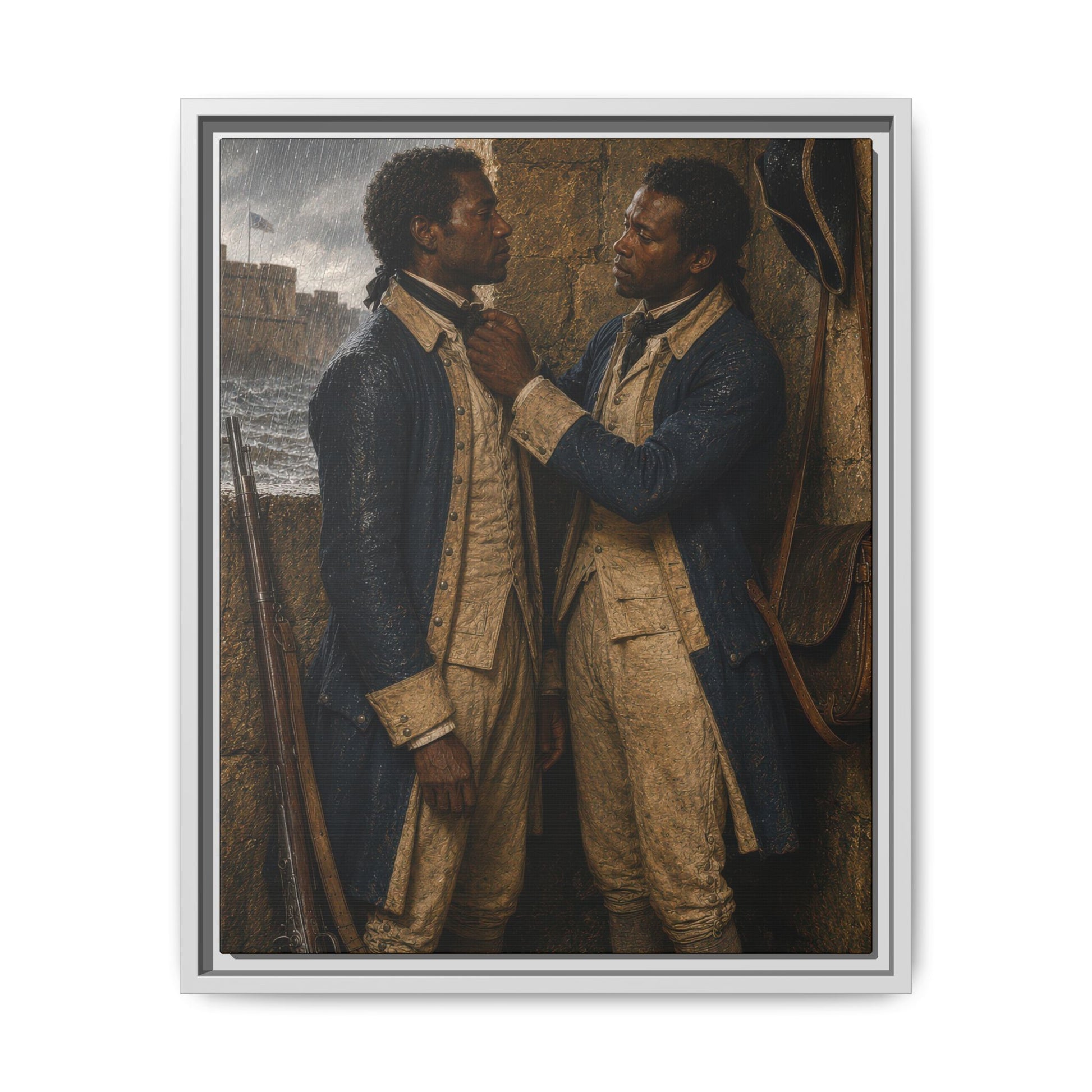 Framed matte canvas showing two African American Continental Army soldiers inside a stone sentry alcove beside a rain-soaked fort.