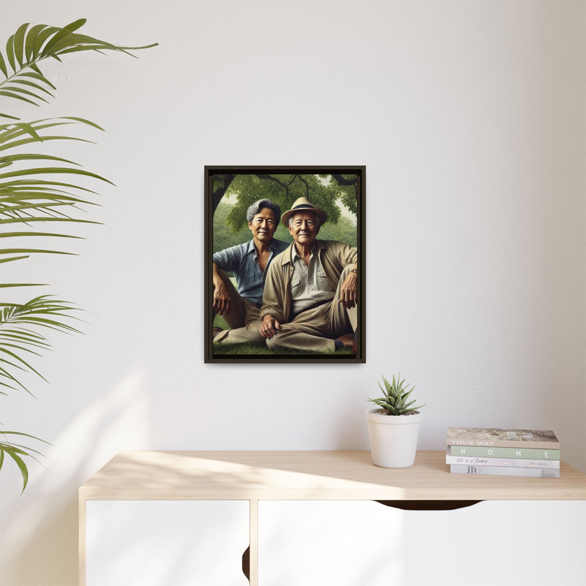 Hyper-realistic painting of an elderly Asian-American gay couple in 1930s attire under a leafy tree, celebrating love and resilience.