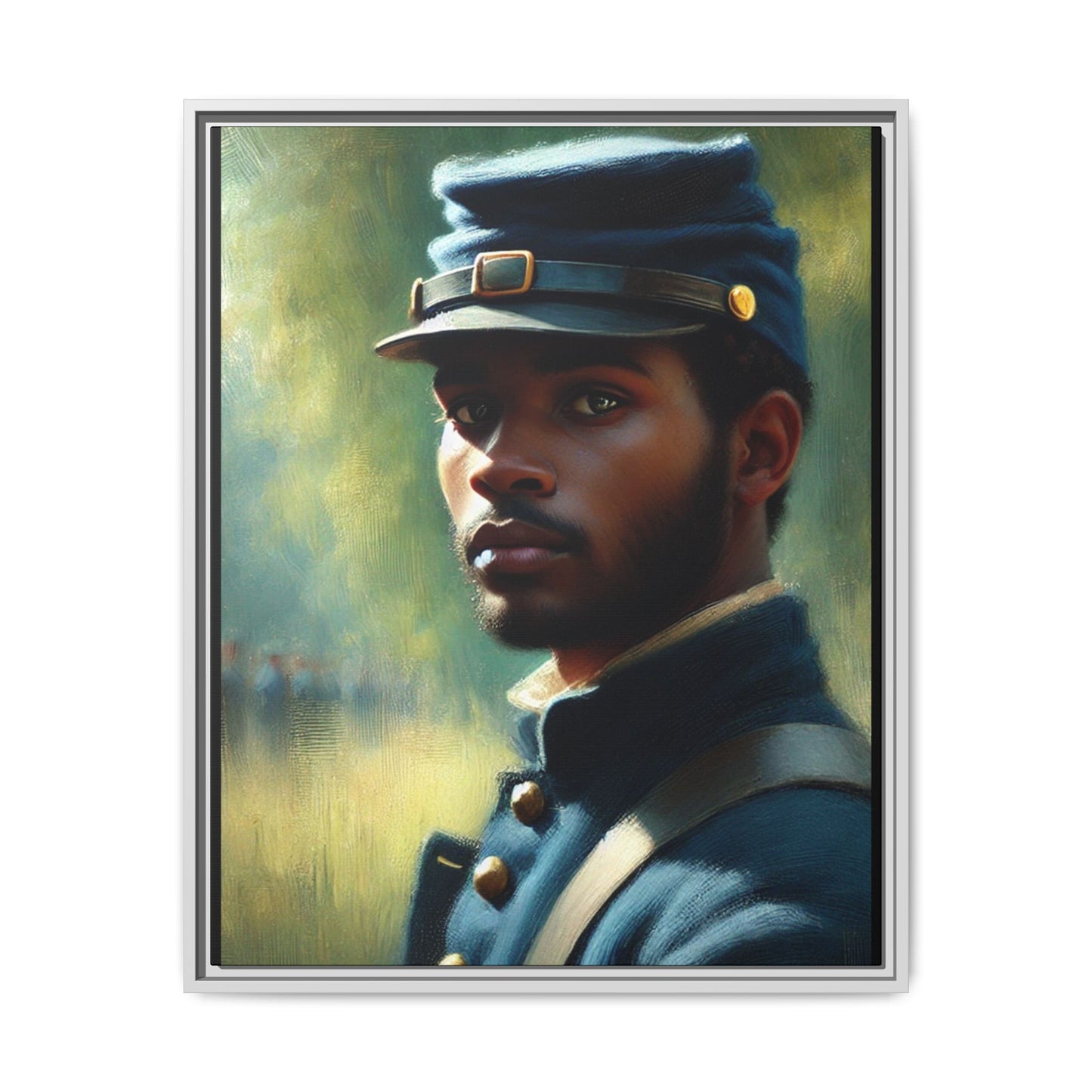 Portrait of an African American Civil War Union soldier in a kepi and navy wool coat, inspired by Walt Whitman’s Drum-Taps, honoring bravery, sacrifice, and resilience.