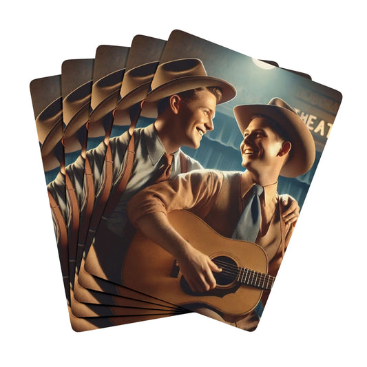Vintage-style poker deck featuring two country musicians in cowboy hats and tailored vests, sharing a stage and a love story through music