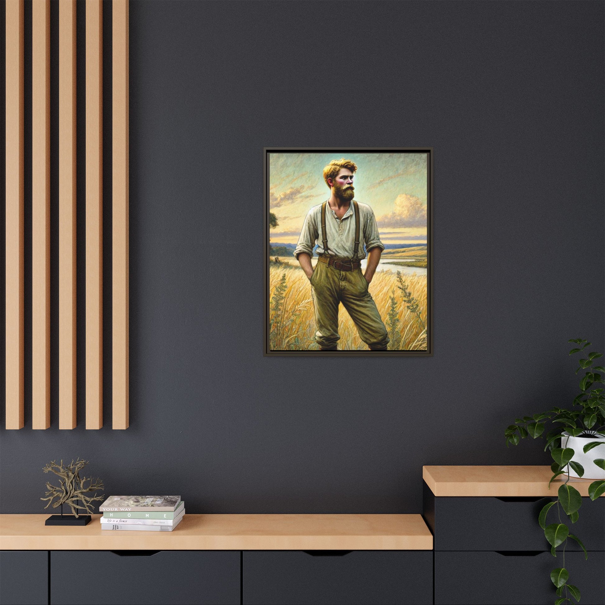 Framed artwork of a confident farmer in 19th-century attire, standing in a golden wheat field, inspired by Walt Whitman’s Song of Myself in Leaves of Grass.