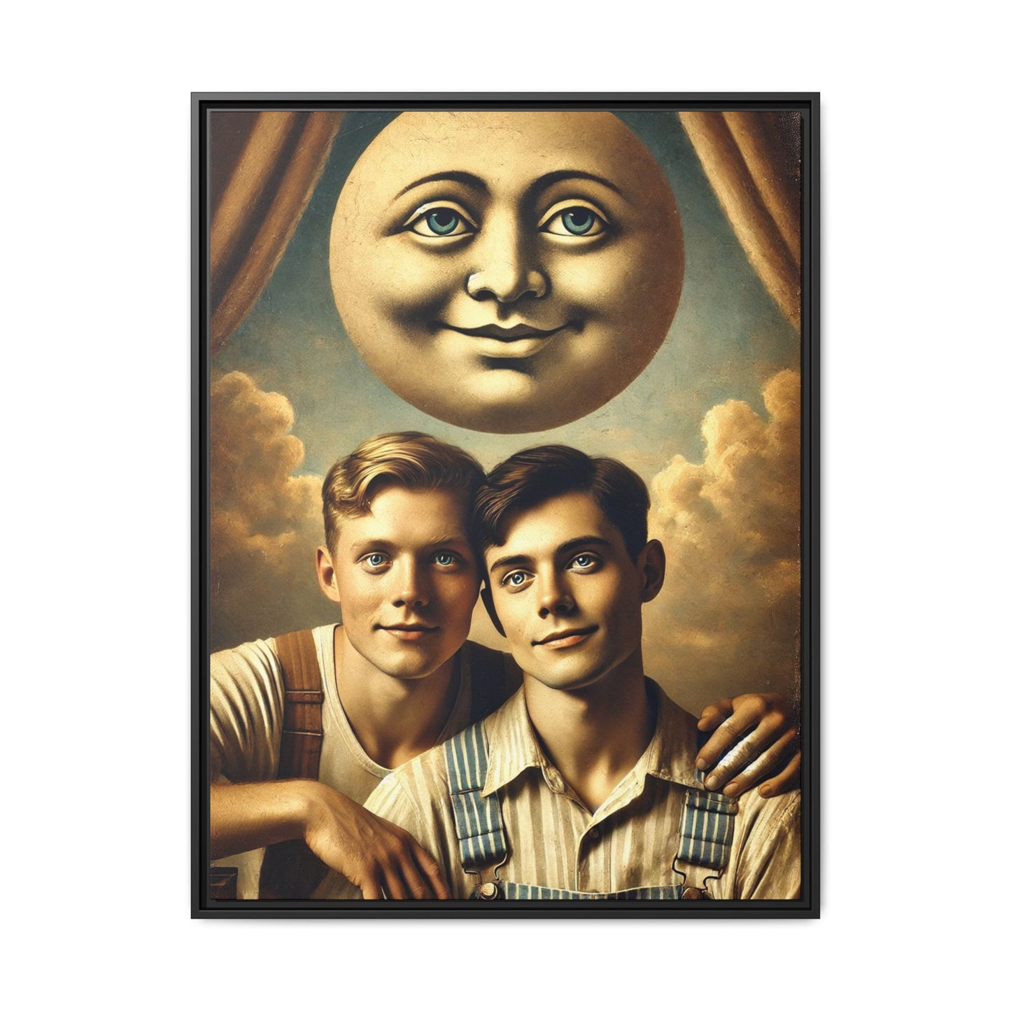 Framed matte canvas portrait featuring two young men in vintage overalls with a crescent moon prop above them. This artwork from the Missing Art Studies series reclaims LGBTQ+ imagery that may have been lost to bias, presenting warmth, intimacy, and presence.