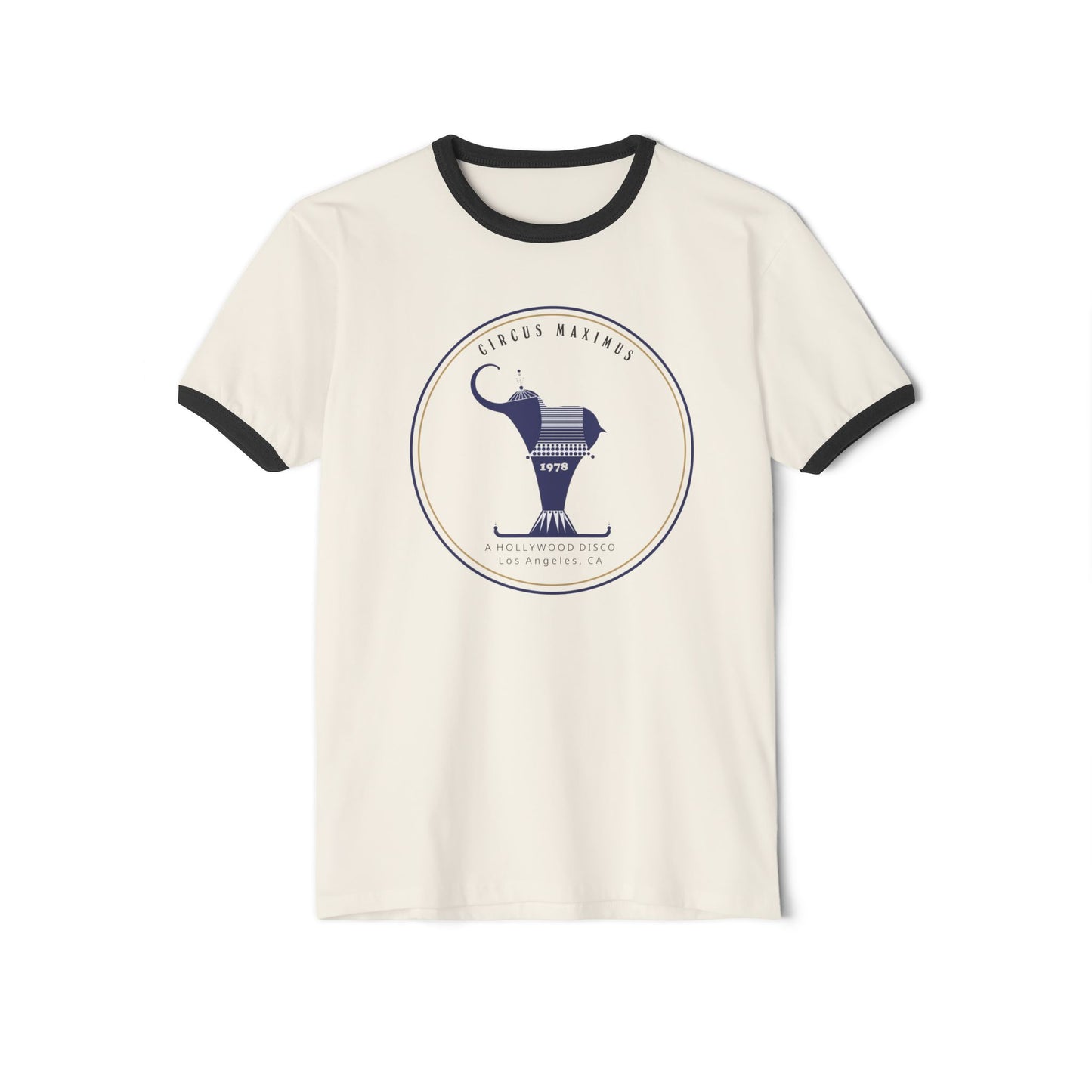 Front graphic ringer shirt with archival-style disco emblem and elephant illustration 