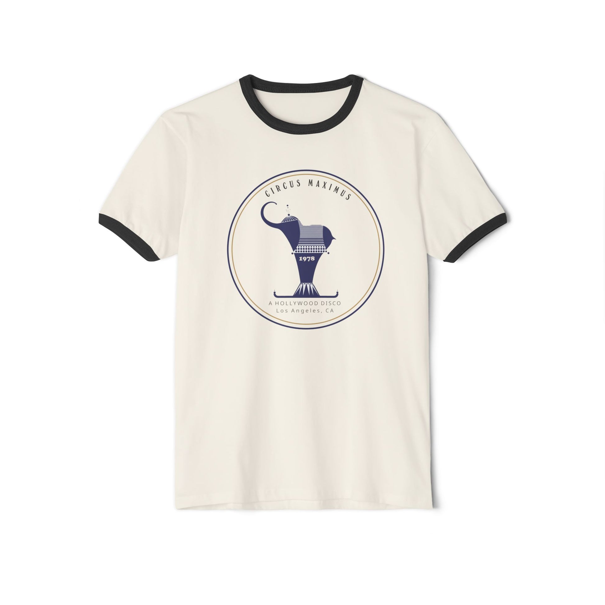 Front graphic ringer shirt with archival-style disco emblem and elephant illustration 