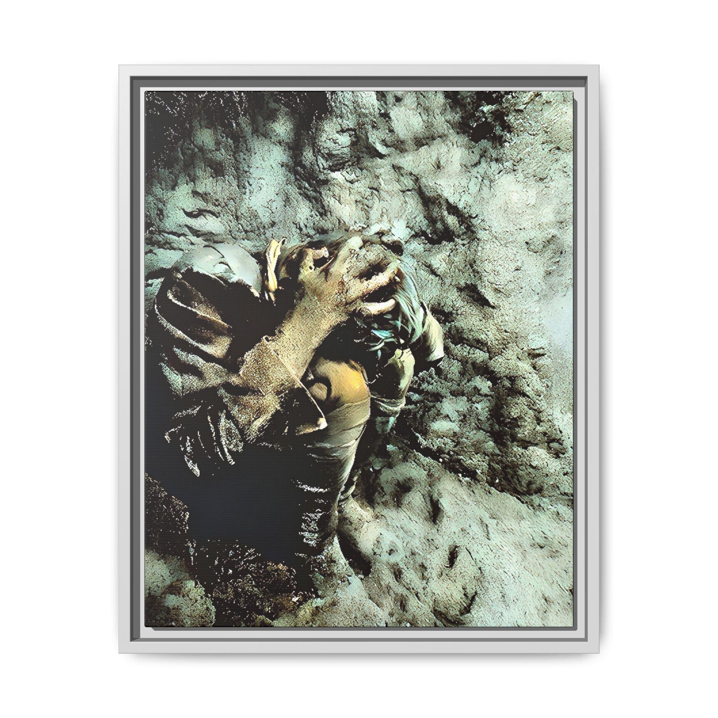 Restored WWI photo of Jesse, a lone soldier in anguish during the Meuse-Argonne Offensive, framed canvas art from Grand Esi France.