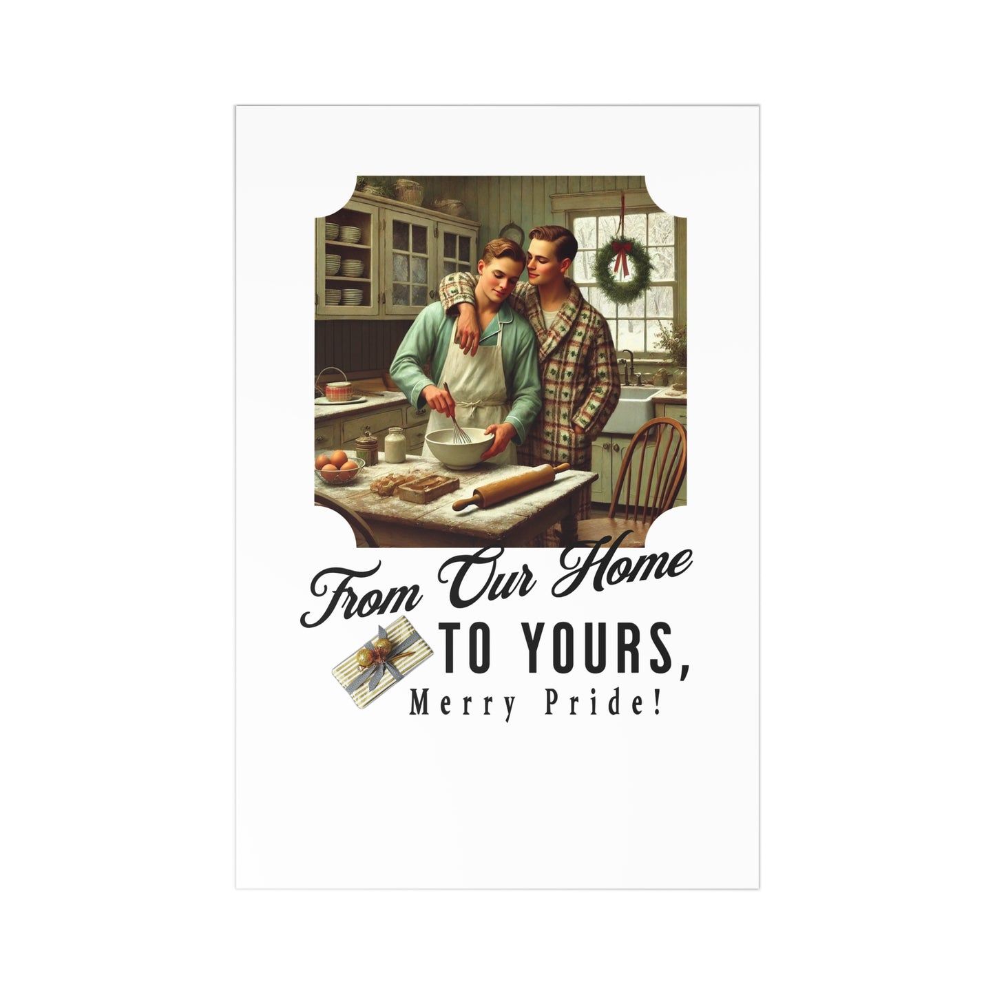 Festive postcard set featuring a gay couple in a cozy 1920s-style Christmas kitchen, celebrating pride and holiday warmth.