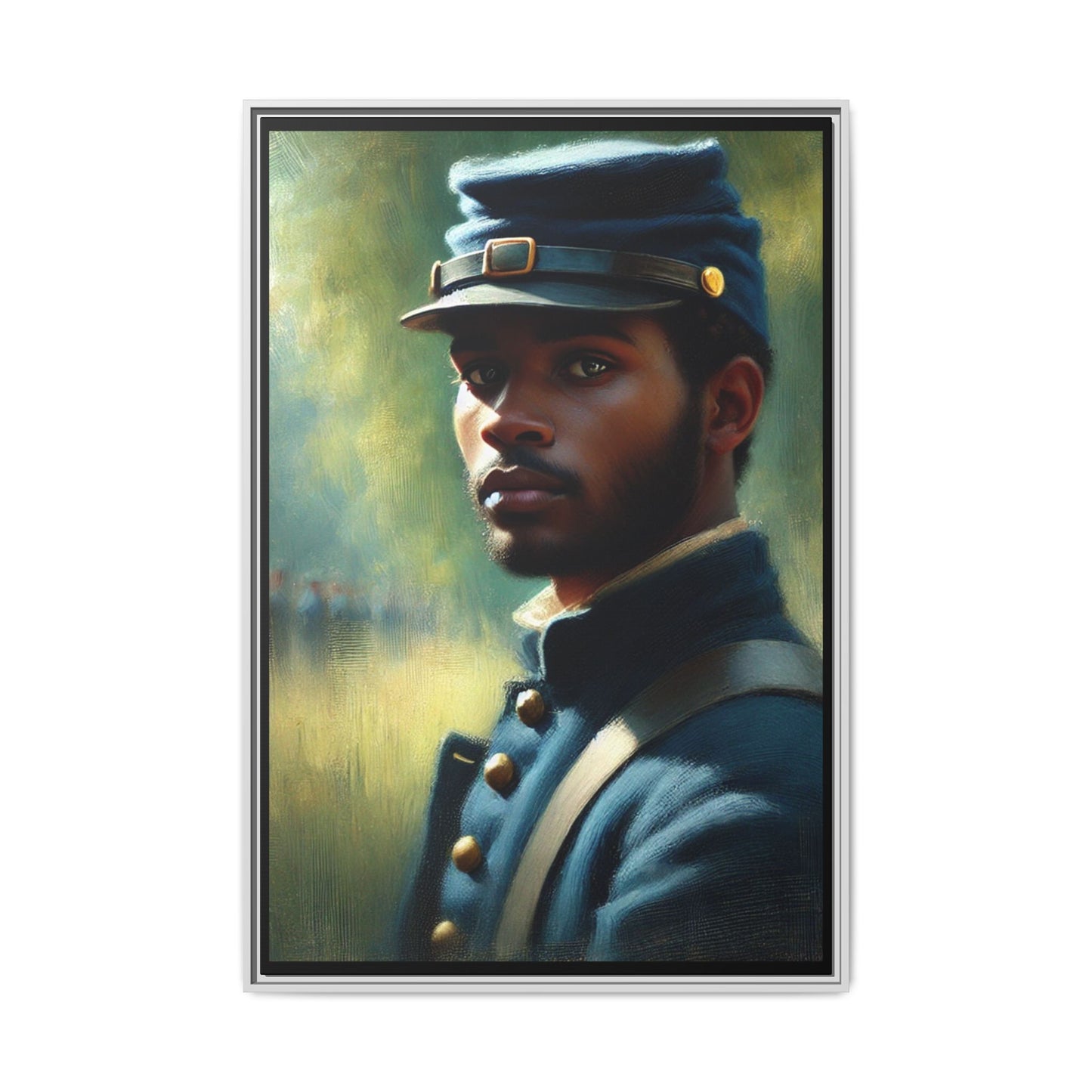 Portrait of an African American Civil War Union soldier in a kepi and navy wool coat, inspired by Walt Whitman’s Drum-Taps, honoring bravery, sacrifice, and resilience.