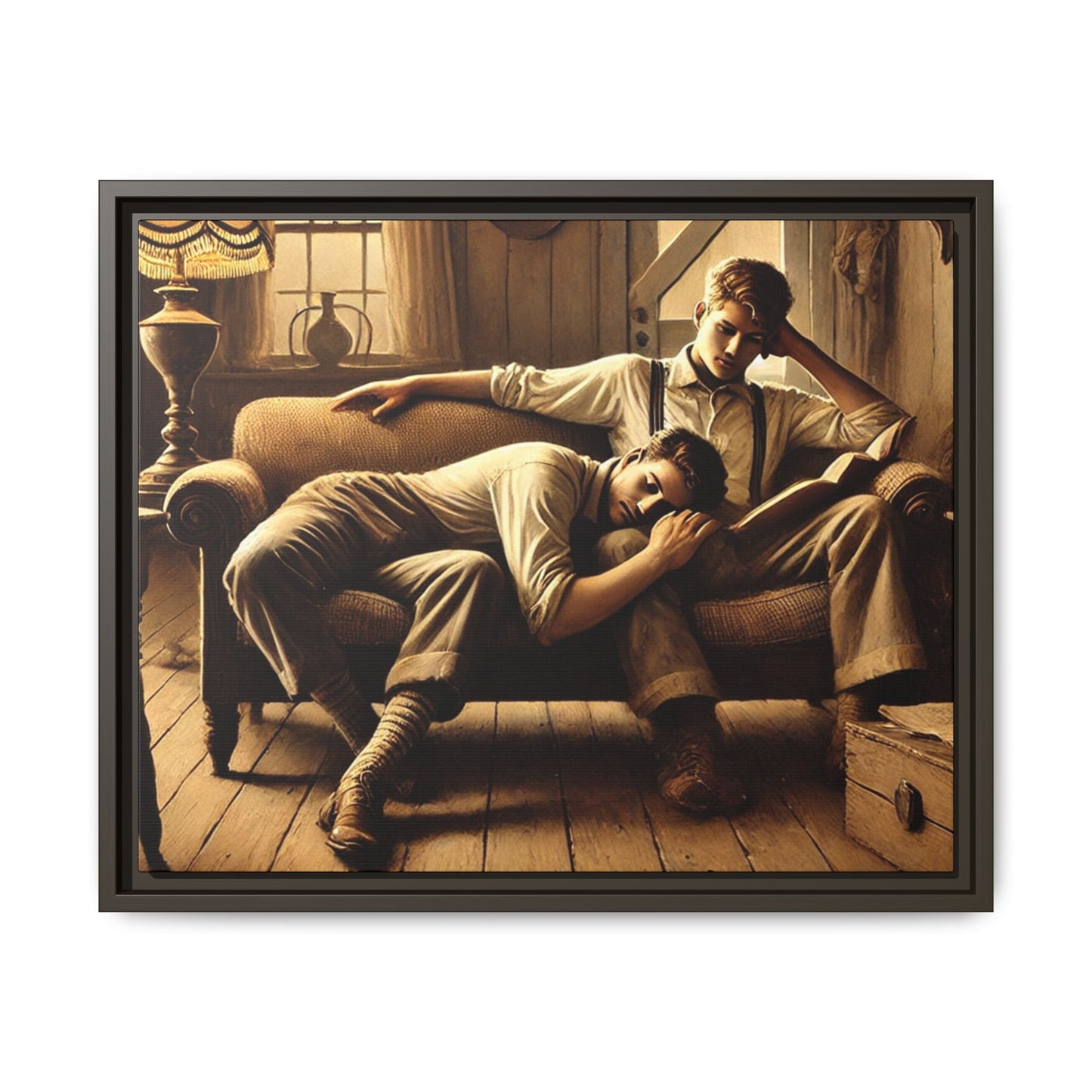 Art of a gay couple relaxing on a sofa in a rustic living room, inspired by Grant Wood’s Americana style.