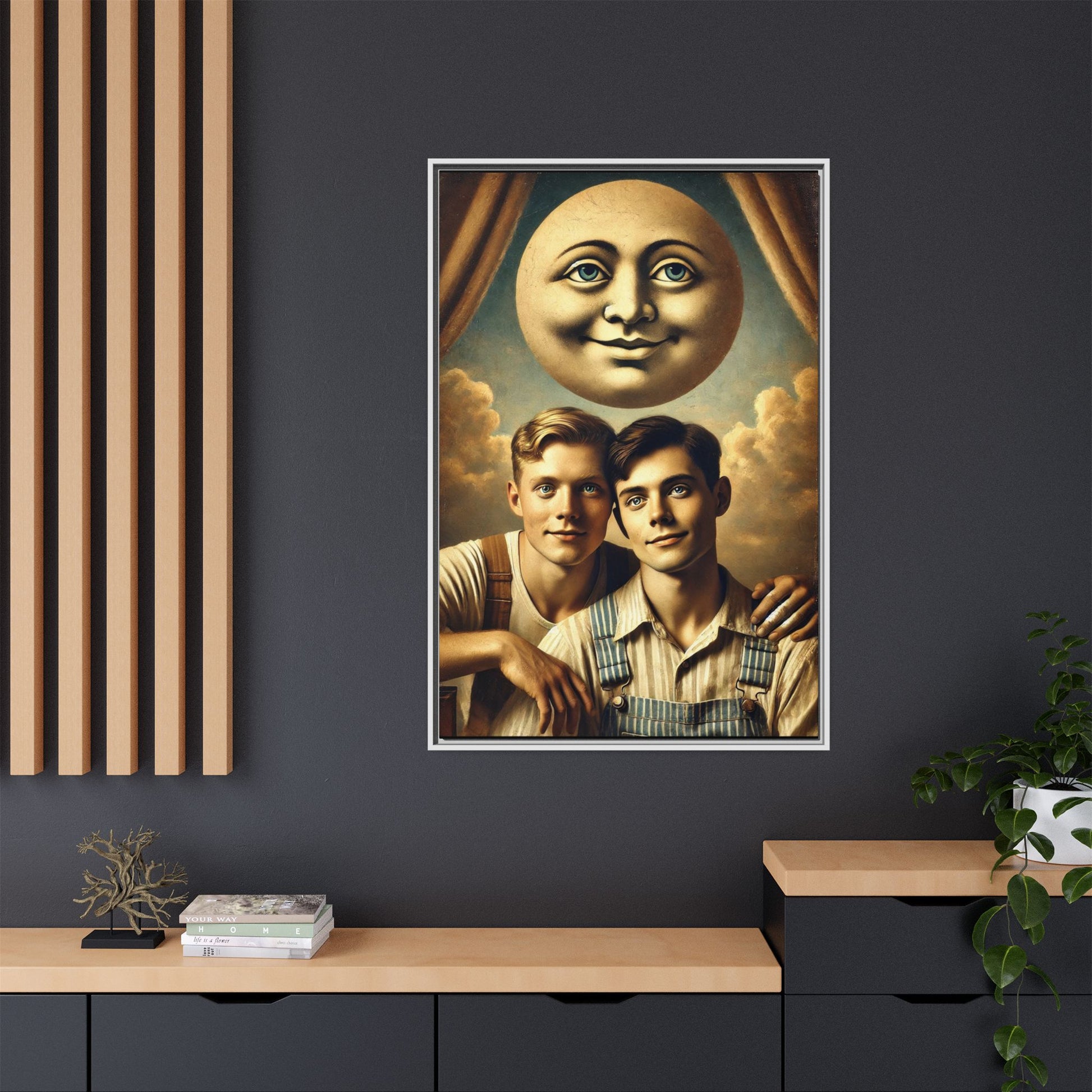 Framed matte canvas portrait featuring two young men in vintage overalls with a crescent moon prop above them. This artwork from the Missing Art Studies series reclaims LGBTQ+ imagery that may have been lost to bias, presenting warmth, intimacy, and presence.