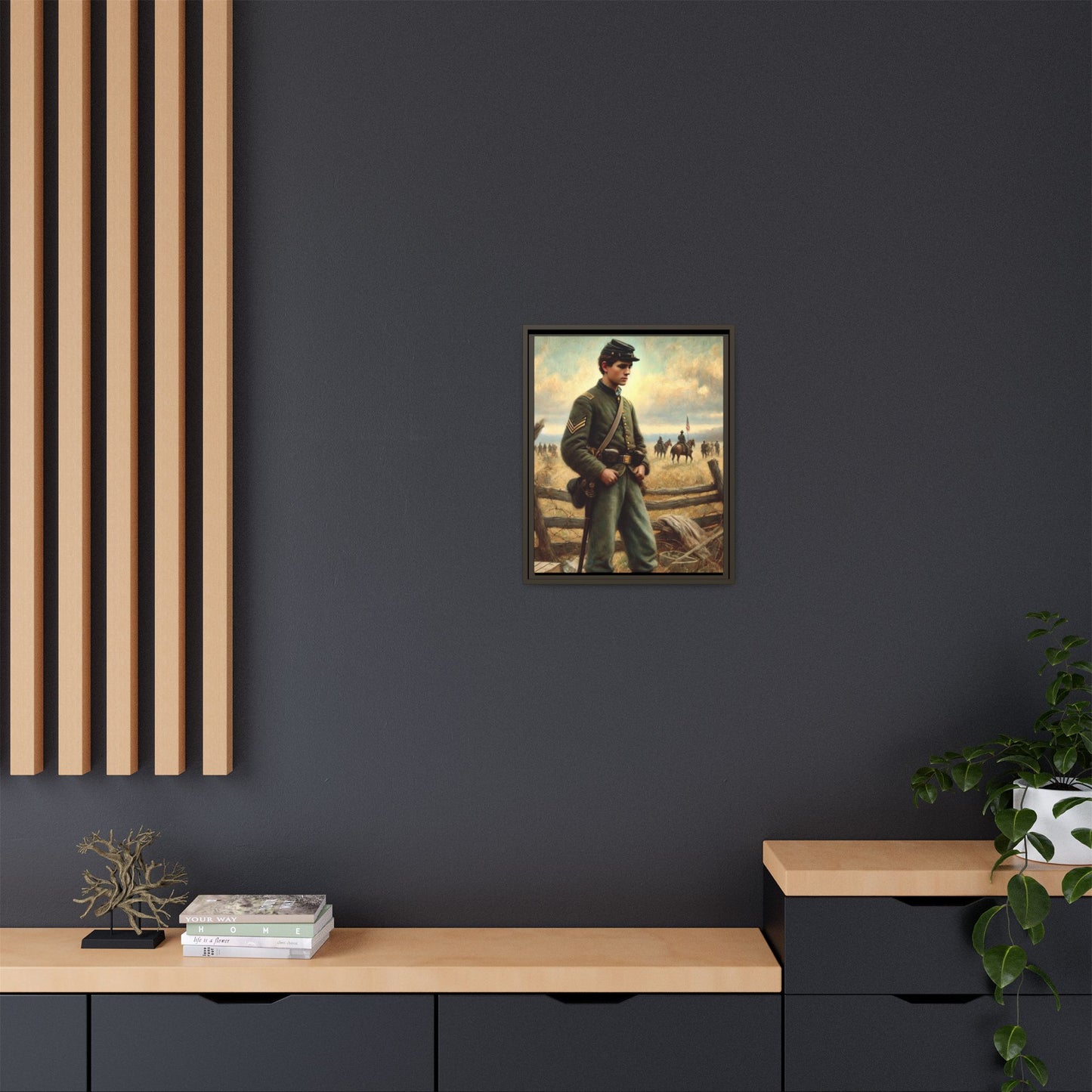 Framed artwork of a young Civil War Union soldier inspired by Walt Whitman’s Drum-Taps poems and Grant Wood's style, depicting battlefield sacrifice, humanity, and historical charm.