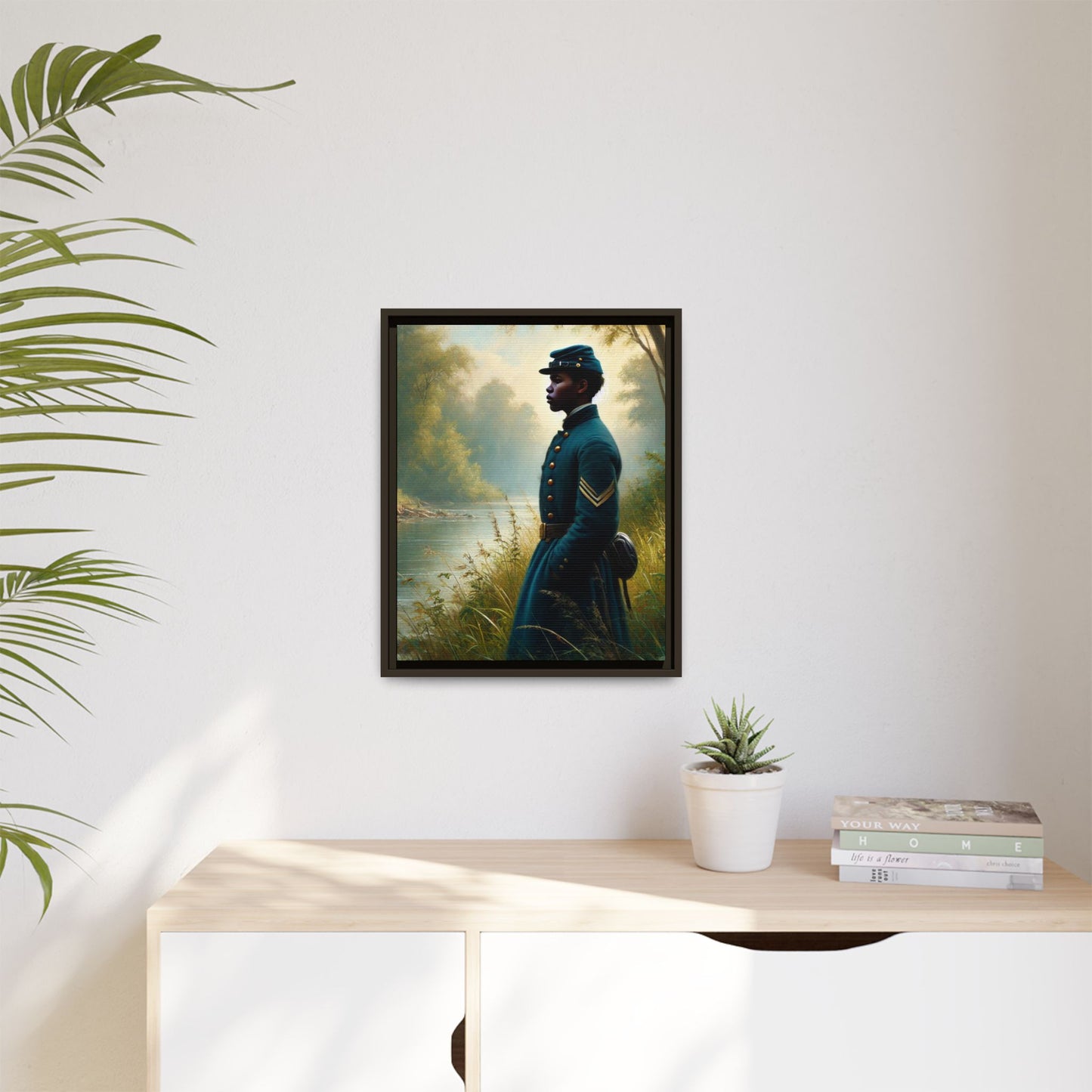 Portrait of an African American Union soldier standing solemnly by a riverside, inspired by Walt Whitman’s Leaves of Grass and Drum-Taps, honoring sacrifice, resilience, and history. Grant Wood Inspired