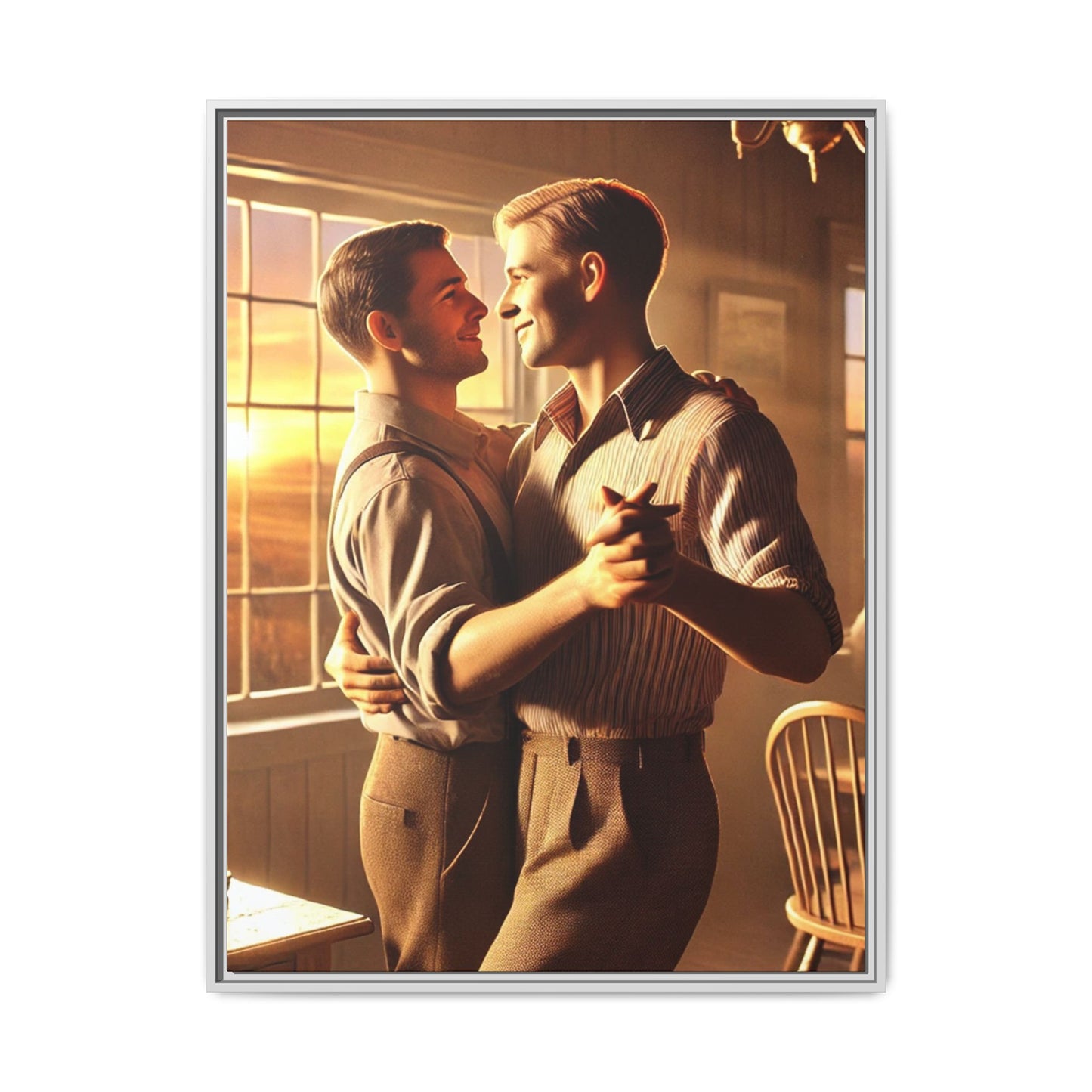 Art of a gay couple dancing in a sunlit dining room, inspired by Grant Wood’s Americana style and celebrating love.