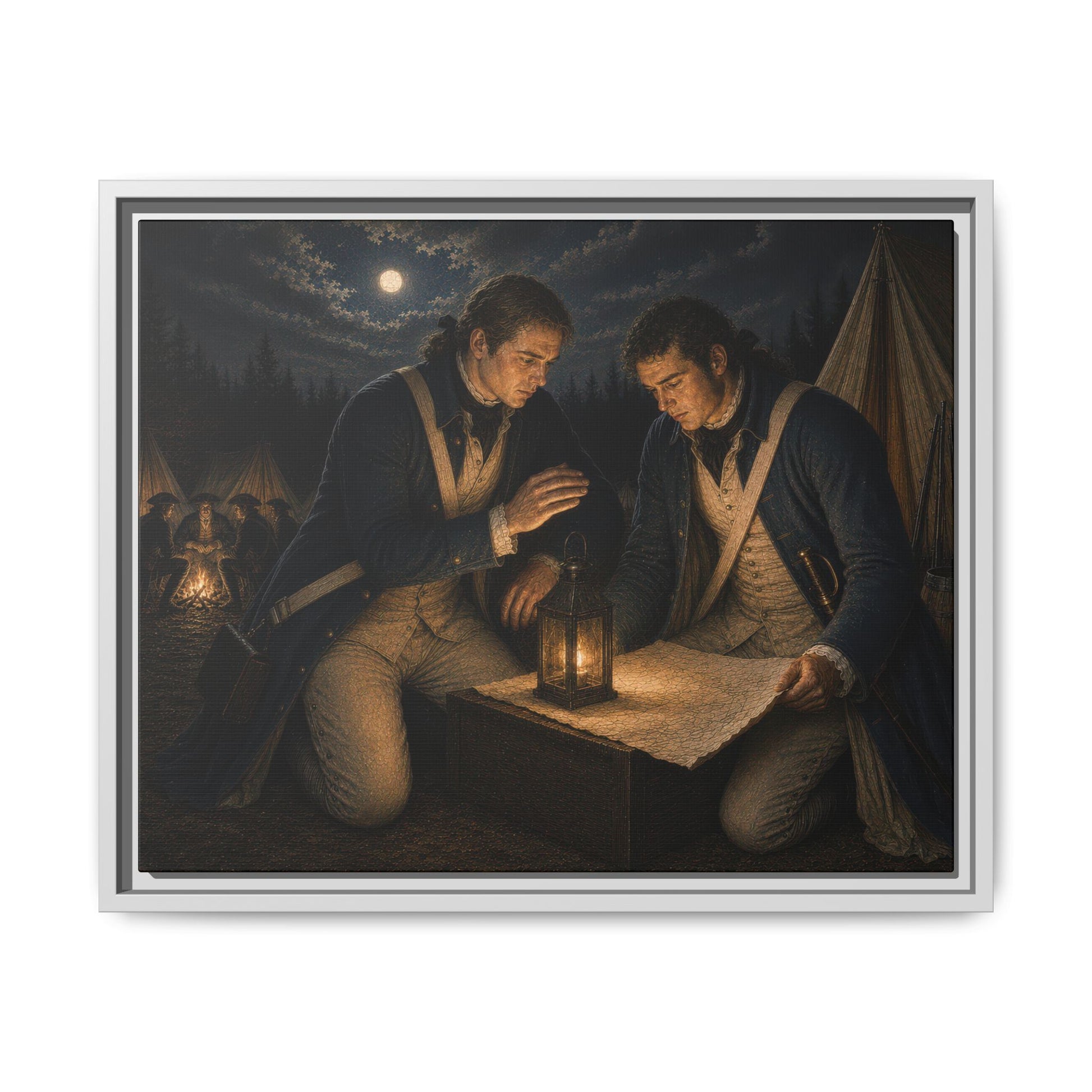 Historical oil-style portrait depicting Continental Army troops examining field maps beneath the moon in an American Revolution camp.