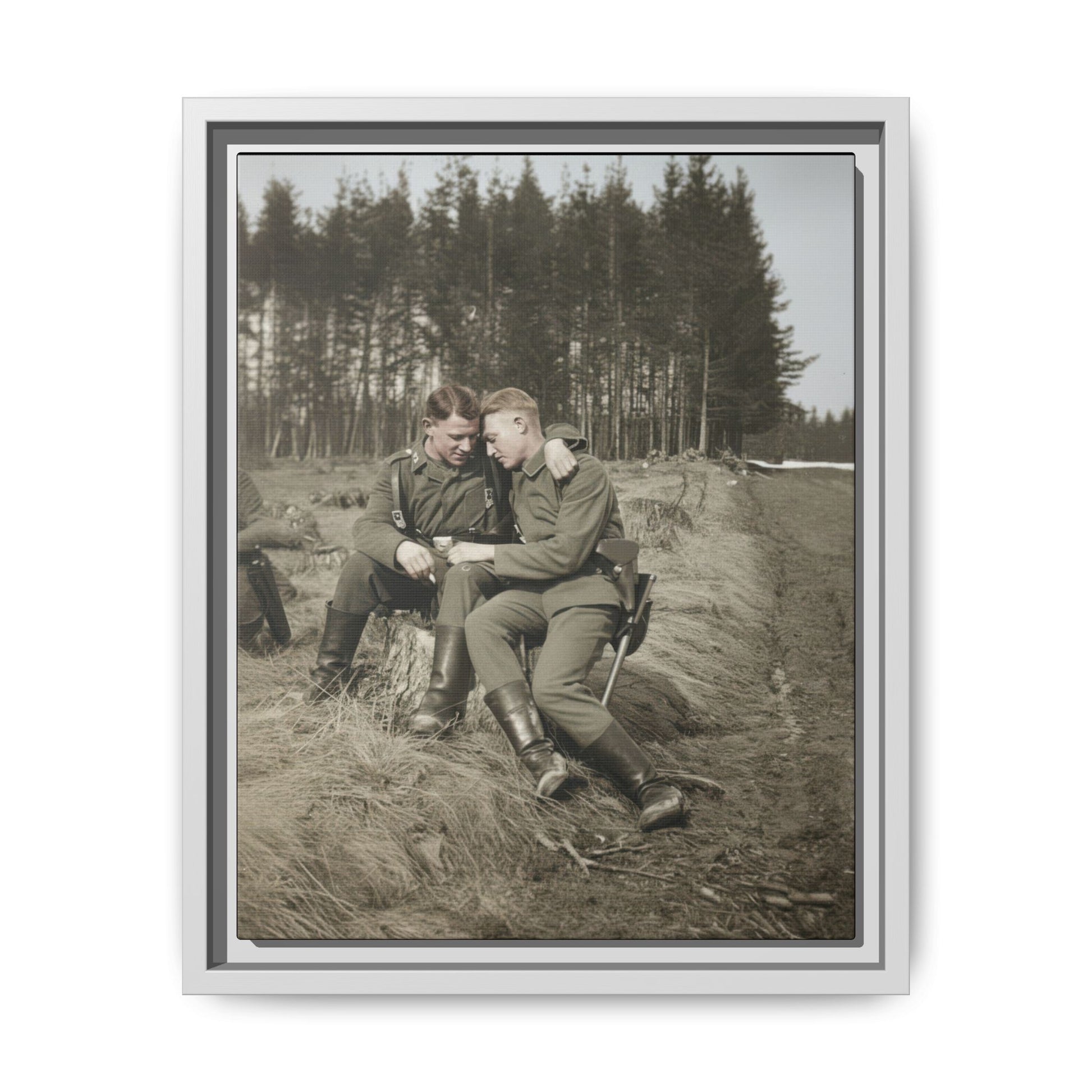 Vintage photograph of two seated uniformed figures near forest landscape