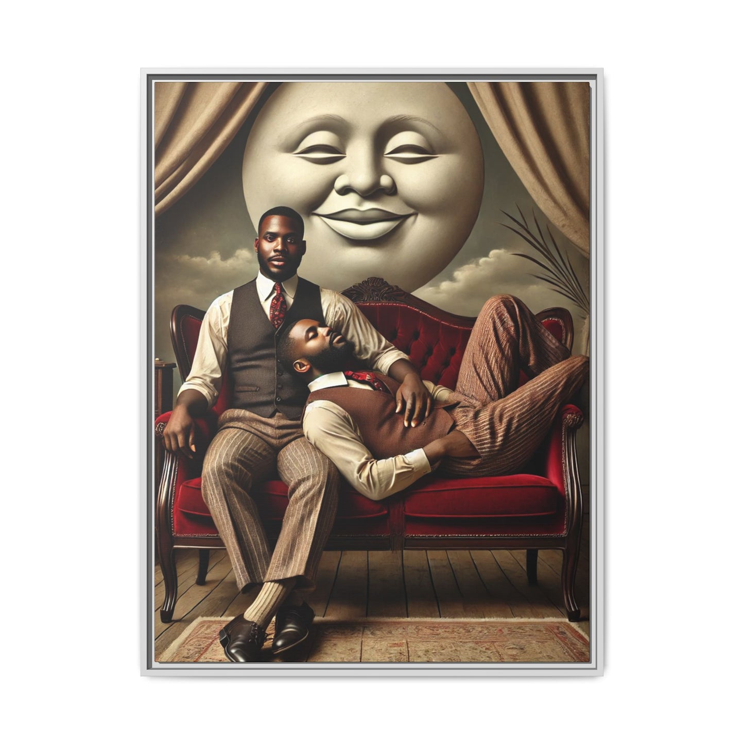Vintage-style artwork of two Black men in 1920s clothing sitting and reclining together on a red velvet couch beneath a smiling full moon. The scene reclaims queer Black history and affection once lost to bias and invisibility.