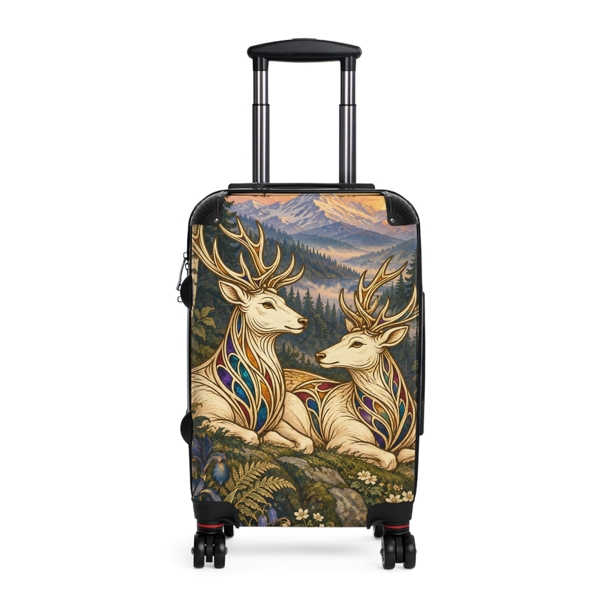 Companions at Dawn suitcase featuring two jeweled ivory stags resting together in a botanical alpine landscape beneath a golden mountain sunrise.