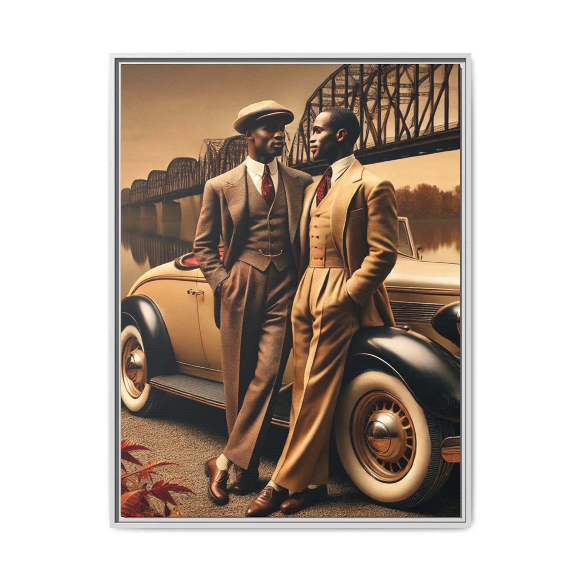 Vintage-style artwork of an African-American gay couple in the 1930s by the Mississippi River with a Packard car, celebrating love and resilience.