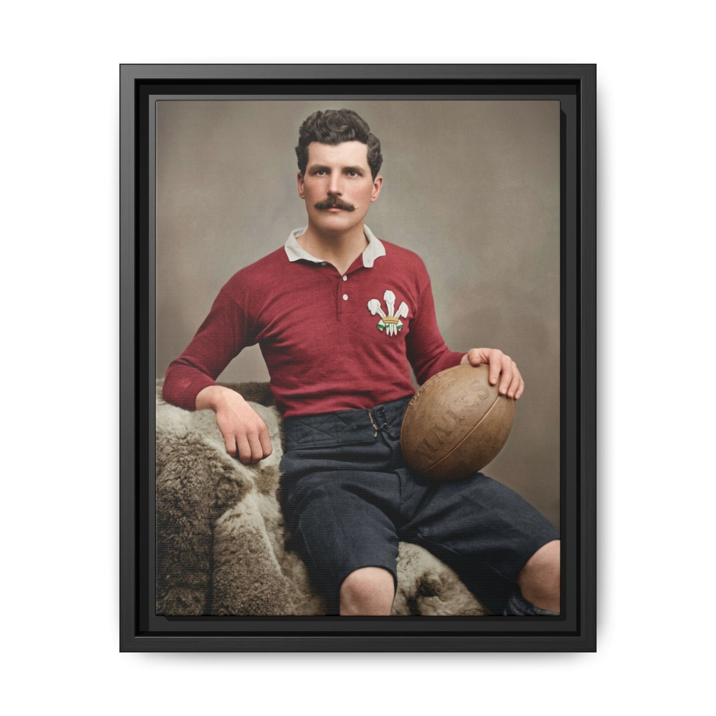 Athlétisme 022 Victorian rugby player holding a stitched leather ball marked 1895 