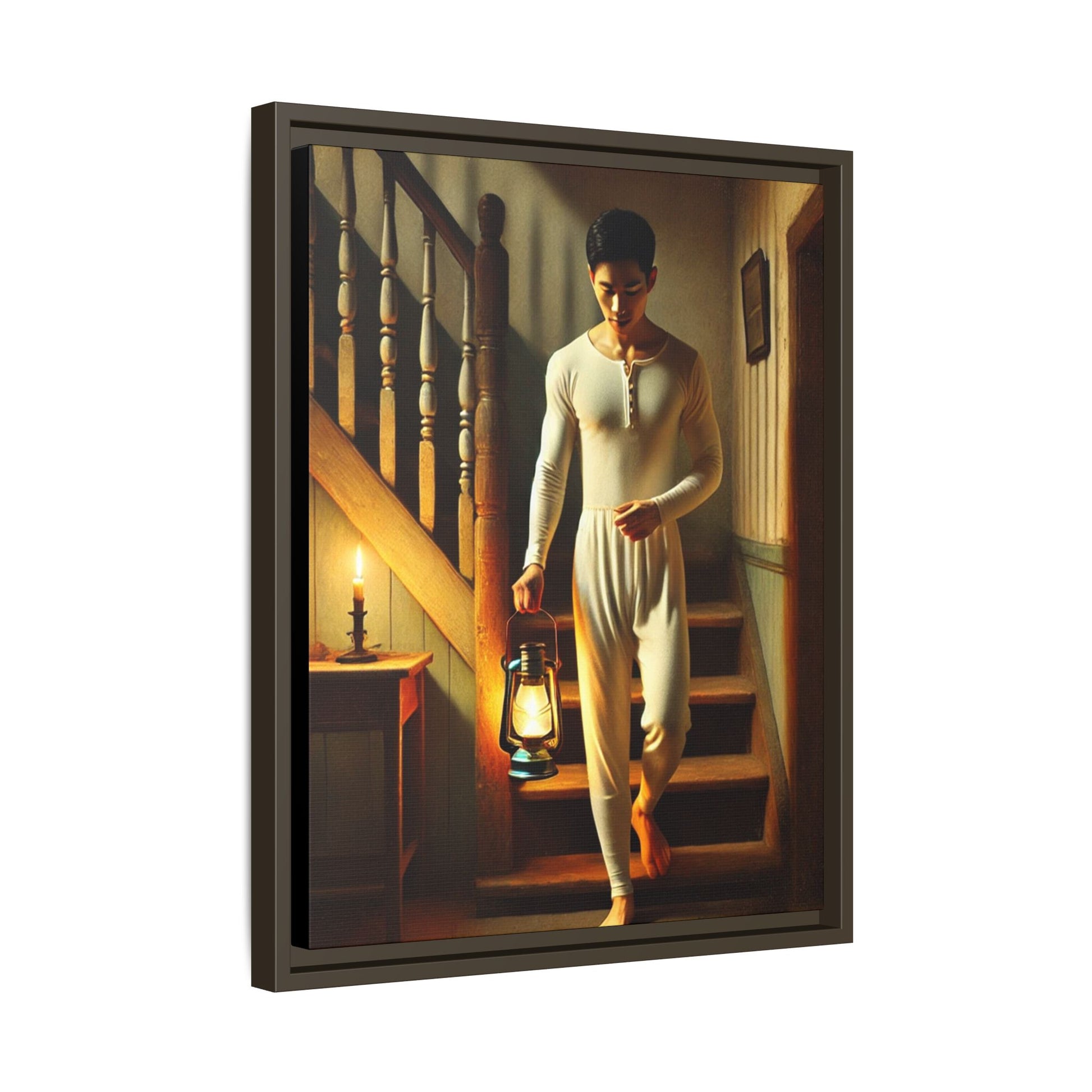 Framed artwork of an Asian-American man wearing long johns underwear holding a lantern on a staircase, inspired by Grant Wood’s style.