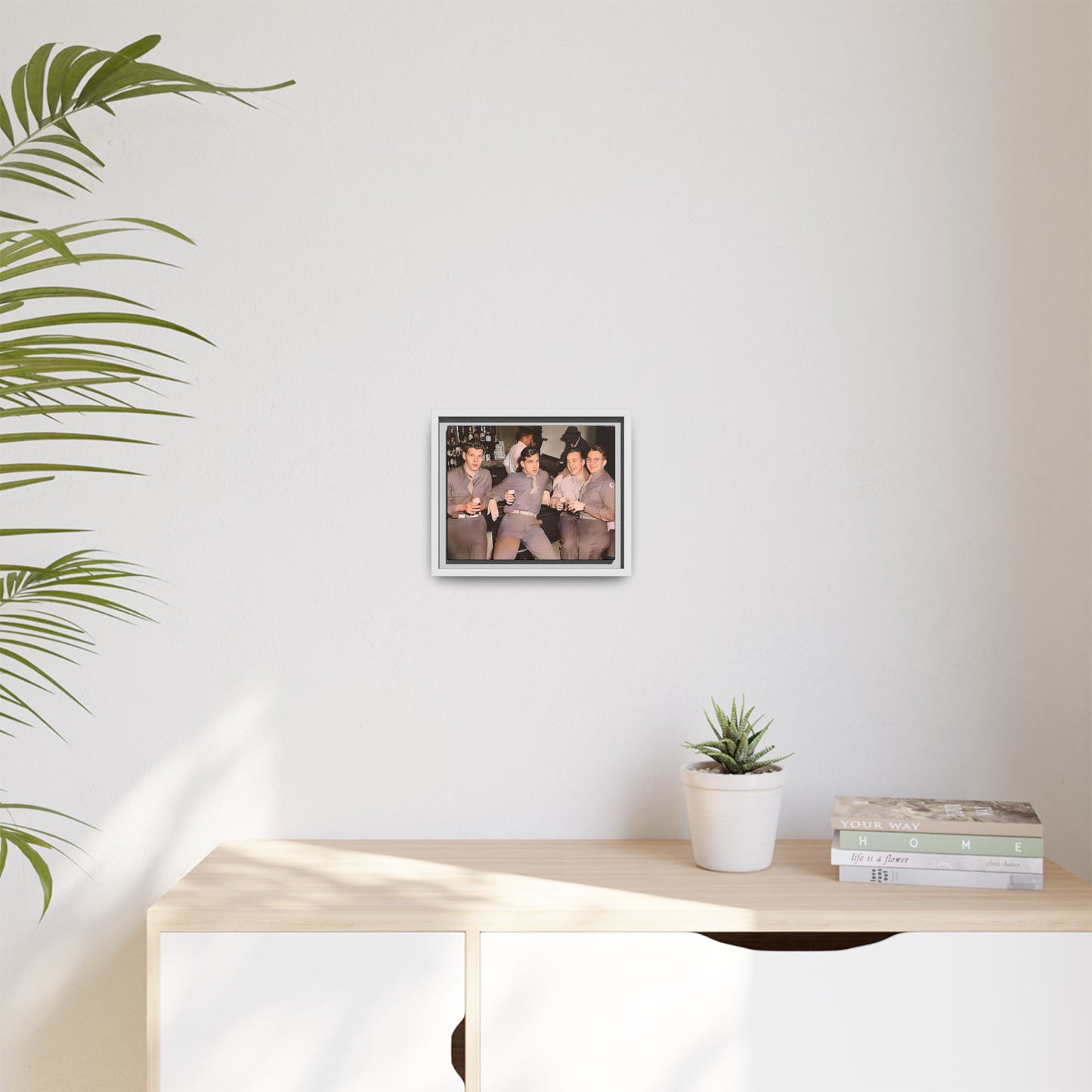 Restored vintage photograph of soldiers in uniform gathered at Jackson's gay bar in mid-20th century San Francisco. Framed matte canvas print celebrating camaraderie, resilience, and LGBTQ+ history.