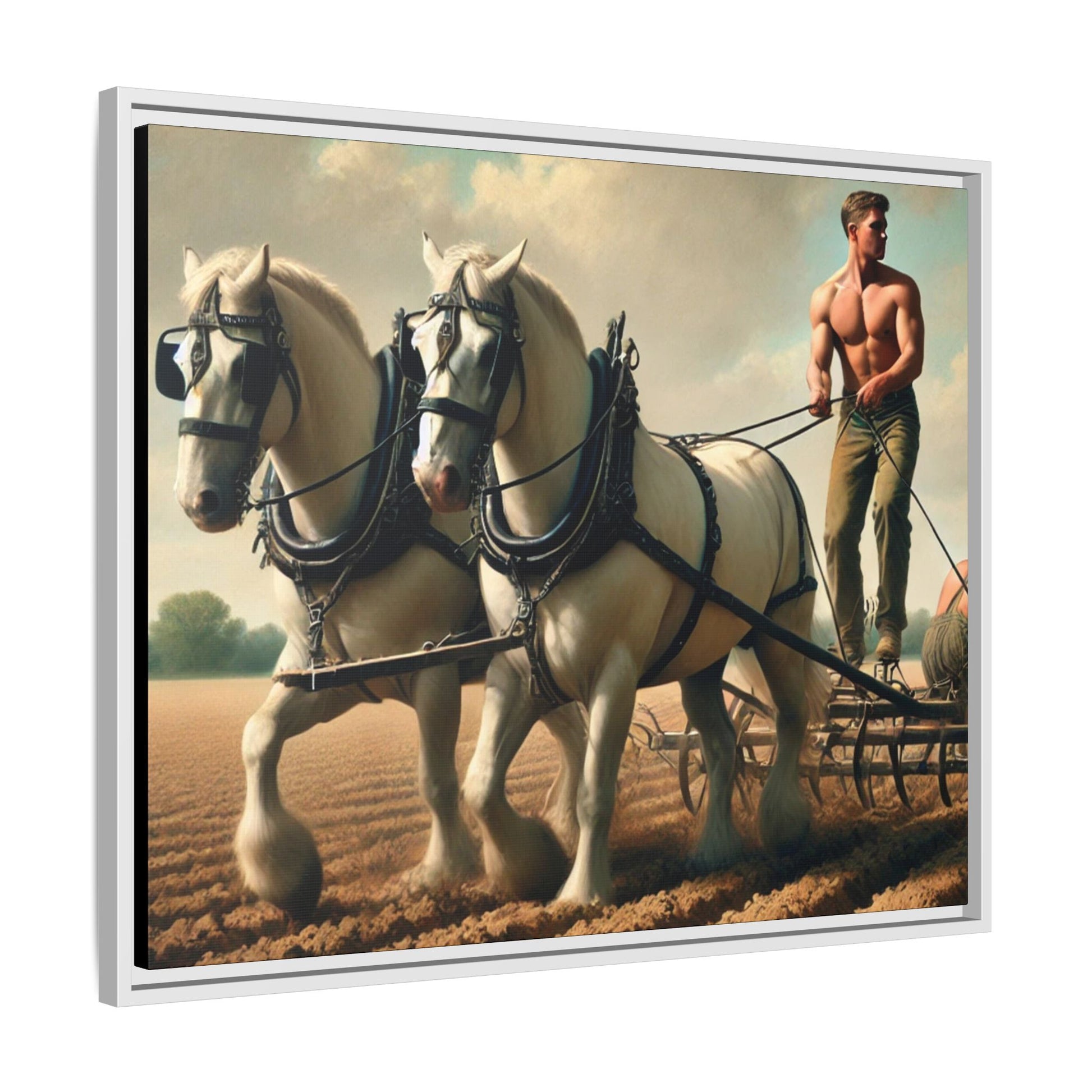 Vintage-style artwork of a shirtless man plowing a field with white horses, celebrating rural life and resilience.