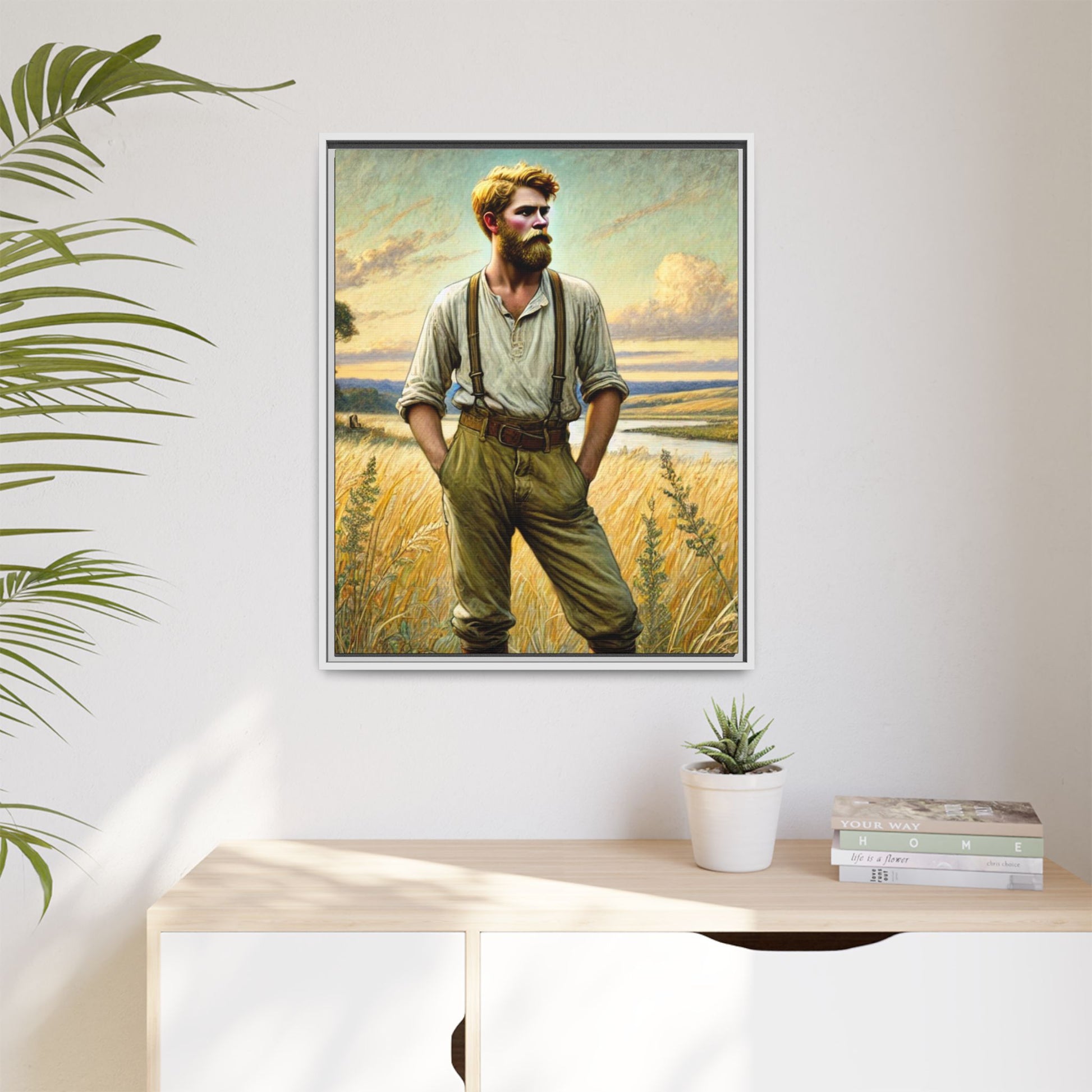 Framed artwork of a confident farmer in 19th-century attire, standing in a golden wheat field, inspired by Walt Whitman’s Song of Myself in Leaves of Grass.