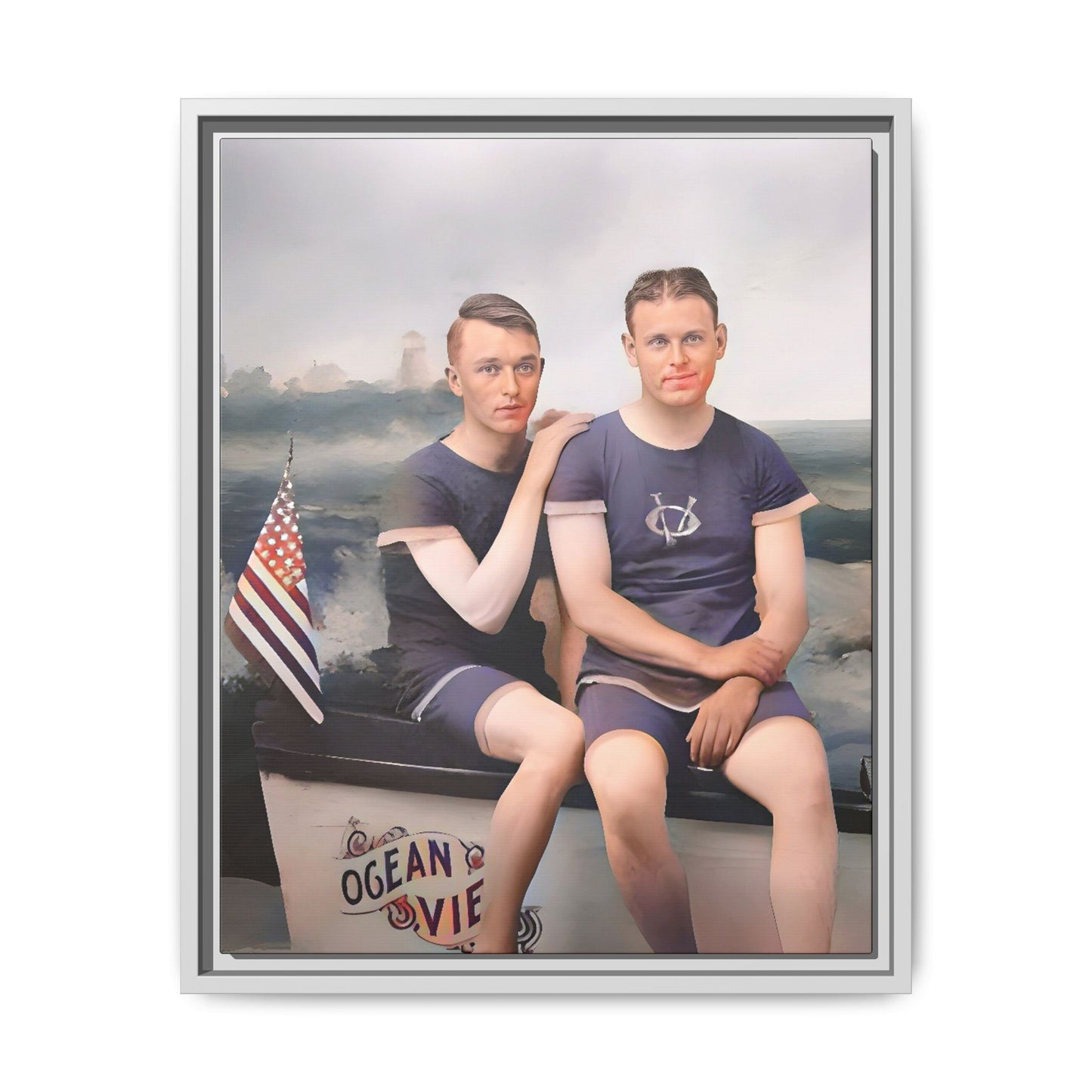 Restored vintage 1920s photo of Lee & Gerald, a gay couple in nautical swimwear by the ocean in Jacksonville FL, framed canvas art.