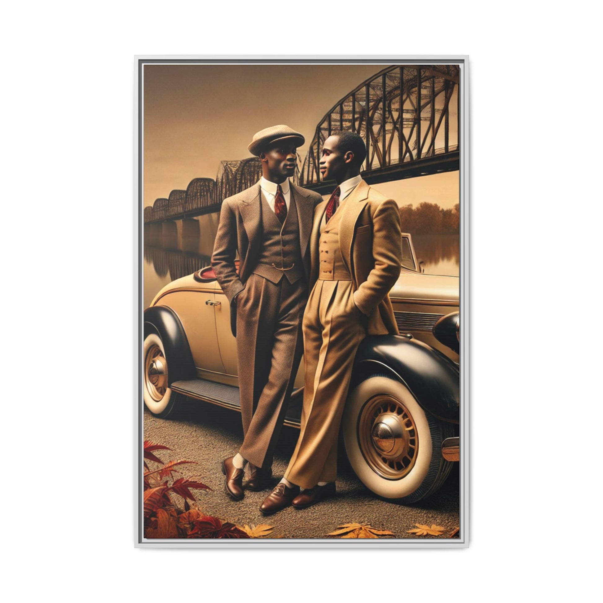 Vintage-style artwork of an African-American gay couple in the 1930s by the Mississippi River with a Packard car, celebrating love and resilience.