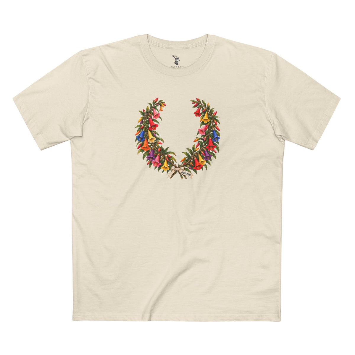 Peruvian cantuta Pride T-shirt featuring a colorful botanical crown and ORGULLO, Spanish for Pride. An archival LGBTQ+ design honoring Andean heritage.