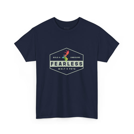 Unisex gr cotton t-shirt with a hexagon badge design reading “Fearless” and “Bold & Unbound,” featuring a rainbow antler—symbolizing LGBTQ+ pride and fearless queer identity