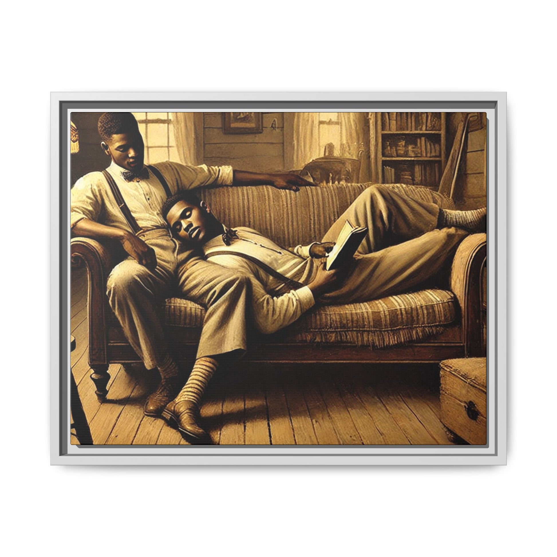 Framed artwork of an African-American gay couple sharing an intimate moment on a rustic sofa, inspired by Grant Wood’s style