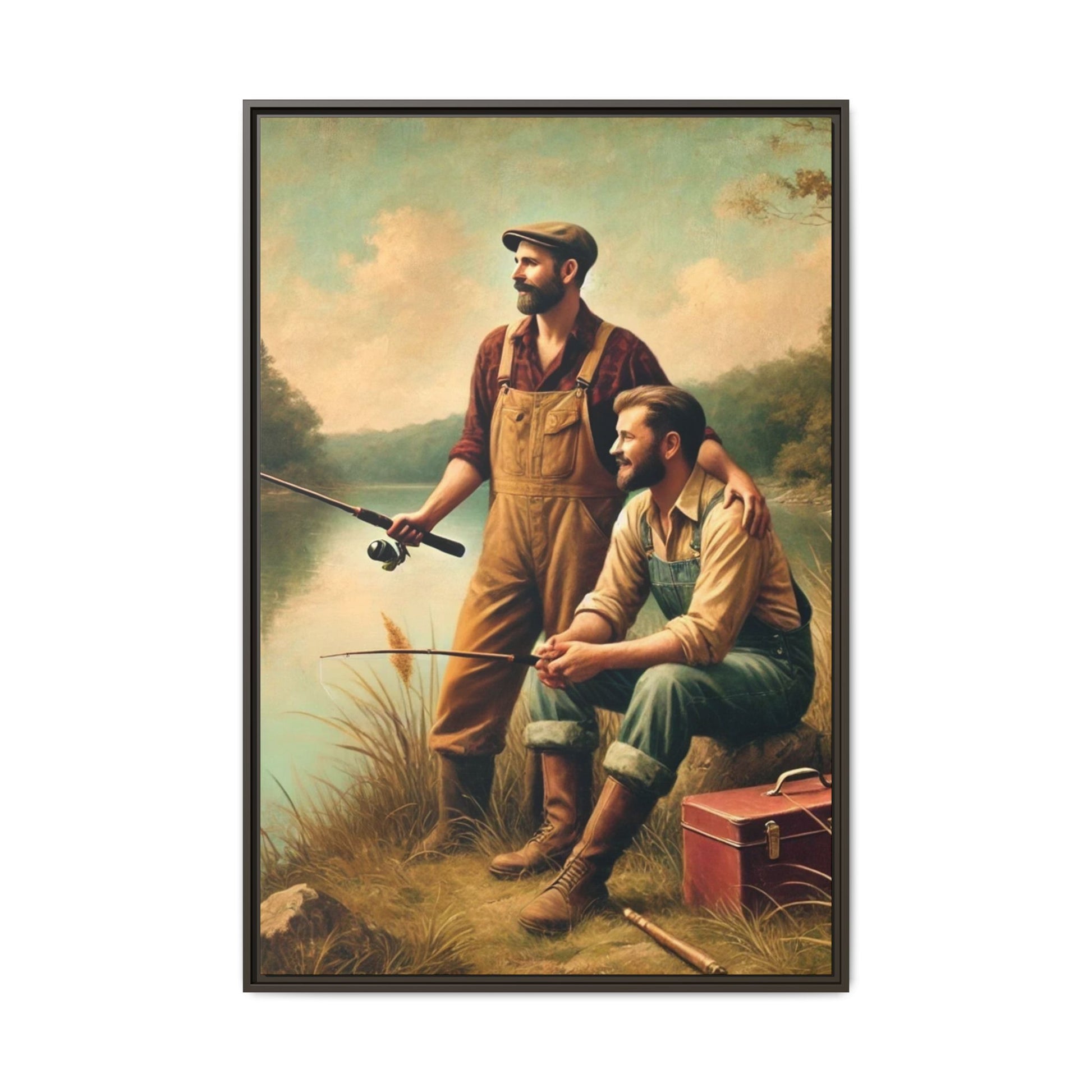 Vintage-style artwork of a gay couple fishing at a serene lakeside in the 1930s, celebrating love and rural life