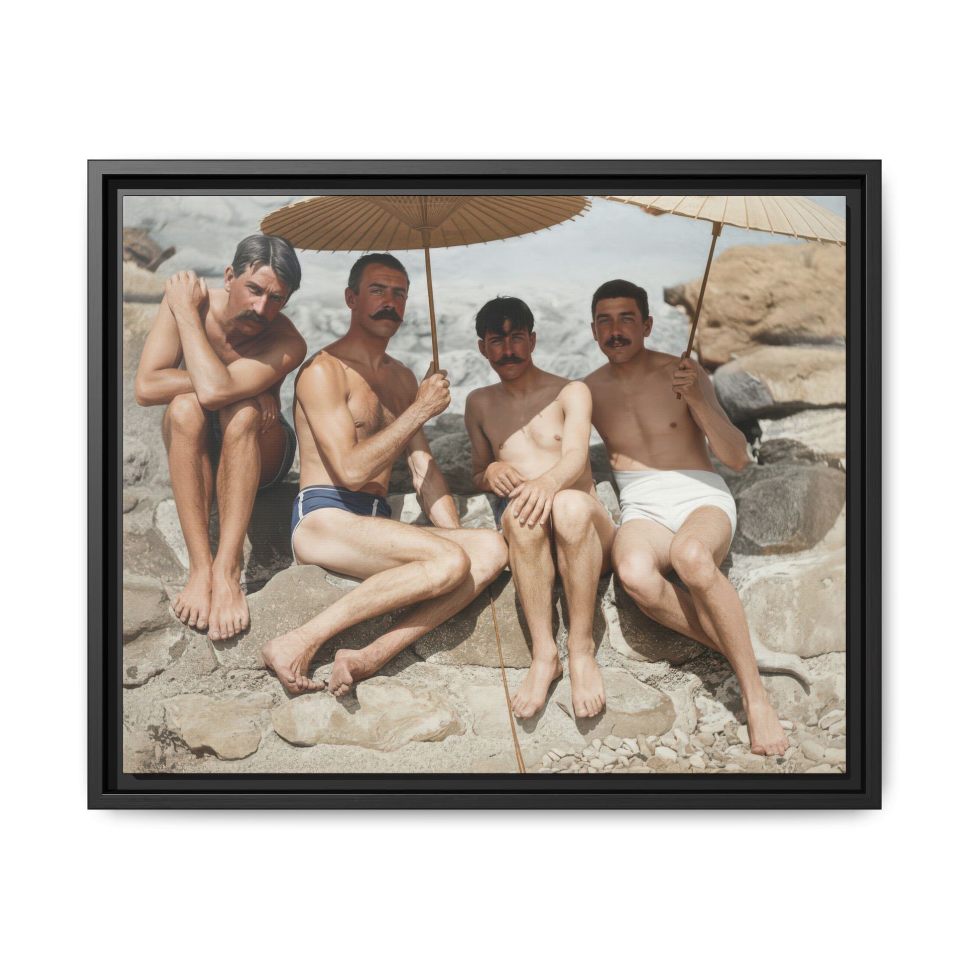 Historical beach photograph reproduced as matte canvas with four seated bathers and parasols 