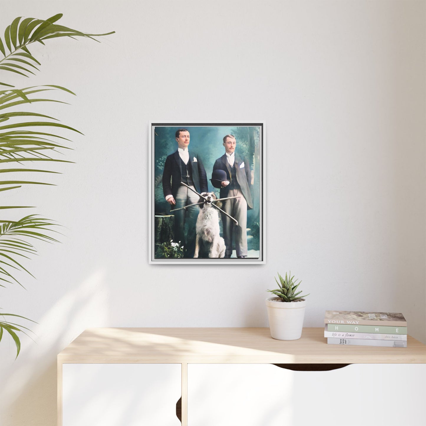 Restored vintage photograph of Patrick and Everett, an Edwardian gay couple with their loyal dog, taken in early 1900s Frankfort, Kentucky. Framed matte canvas print celebrating LGBTQ+ history, love, and companionship.