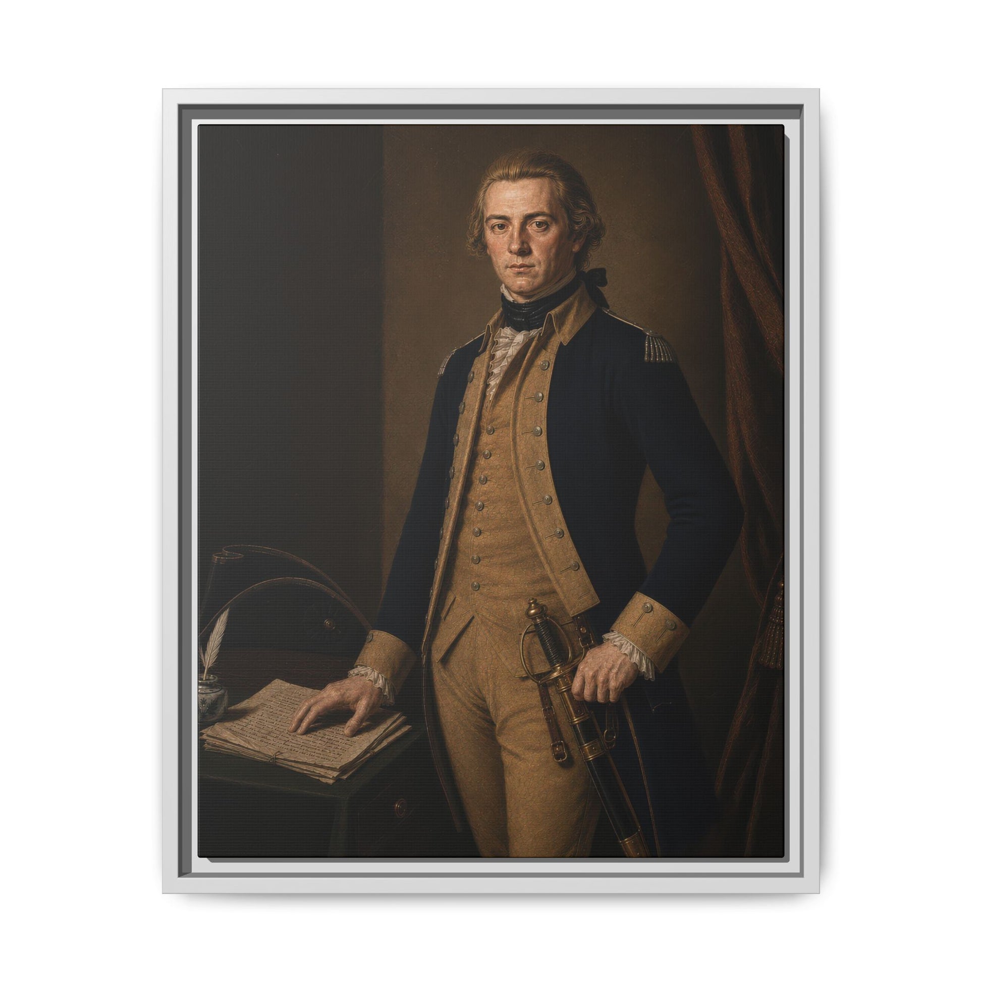 Companions of Liberty portrait depicting Lieutenant Gotthold Frederick Enslin as a Revolutionary War officer in a formal eighteenth-century studio setting.