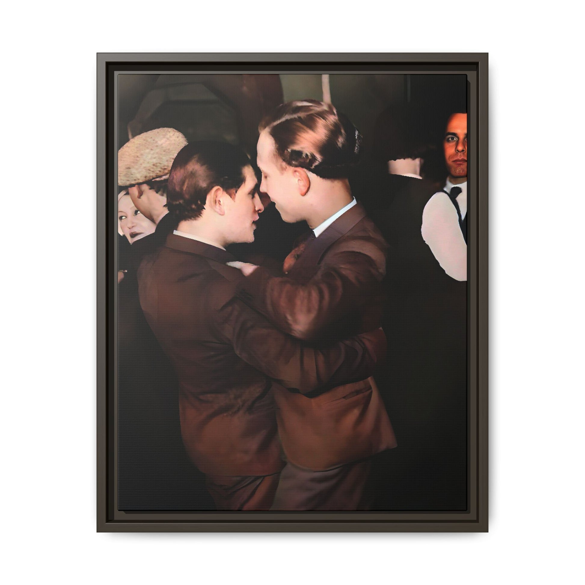 Restored vintage photo of Bernard & Leroy, a gay couple dancing at an elegant gathering in Atlanta GA, framed canvas art.