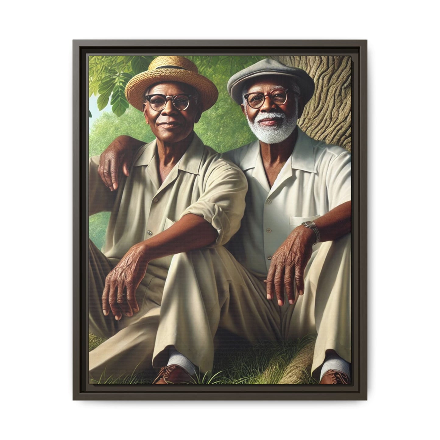 Framed artwork of a gay African-American couple in Cedar Rapids, Iowa, 1930s, celebrating love and resilience.