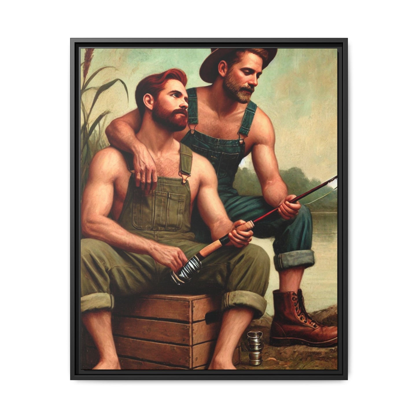 Vintage-style artwork of a gay couple fishing by a tranquil lake in the 1930s, celebrating love and nature.